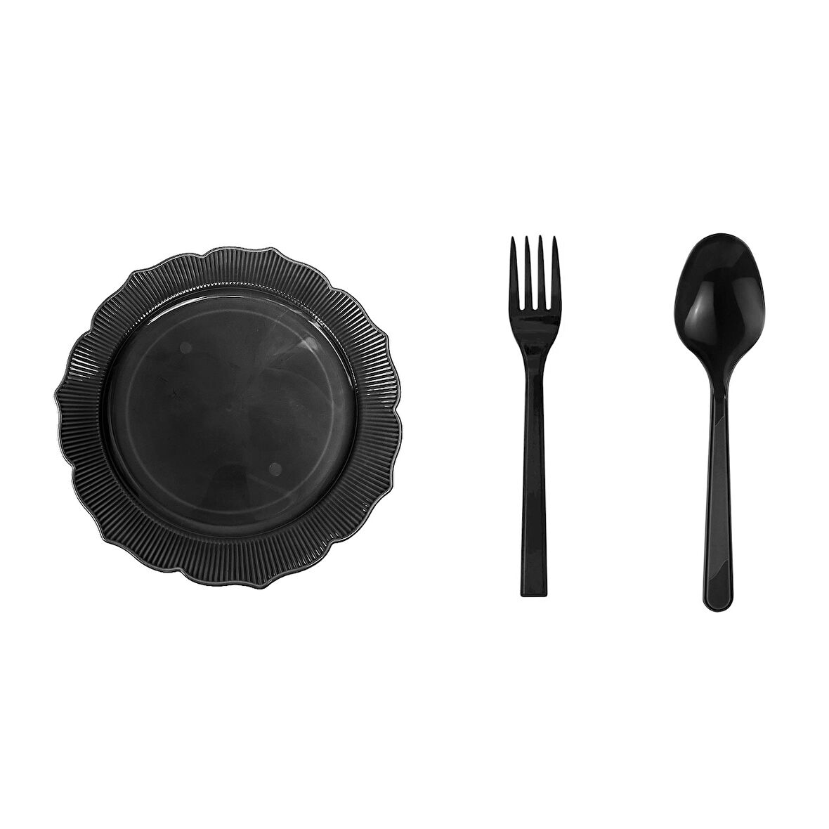 Omeyva 26 Cm. Siyah Sorfa Davet Seti - Sert Mika Plastik - 24 Kişilik Tabak Çatal Kaşık Takımı