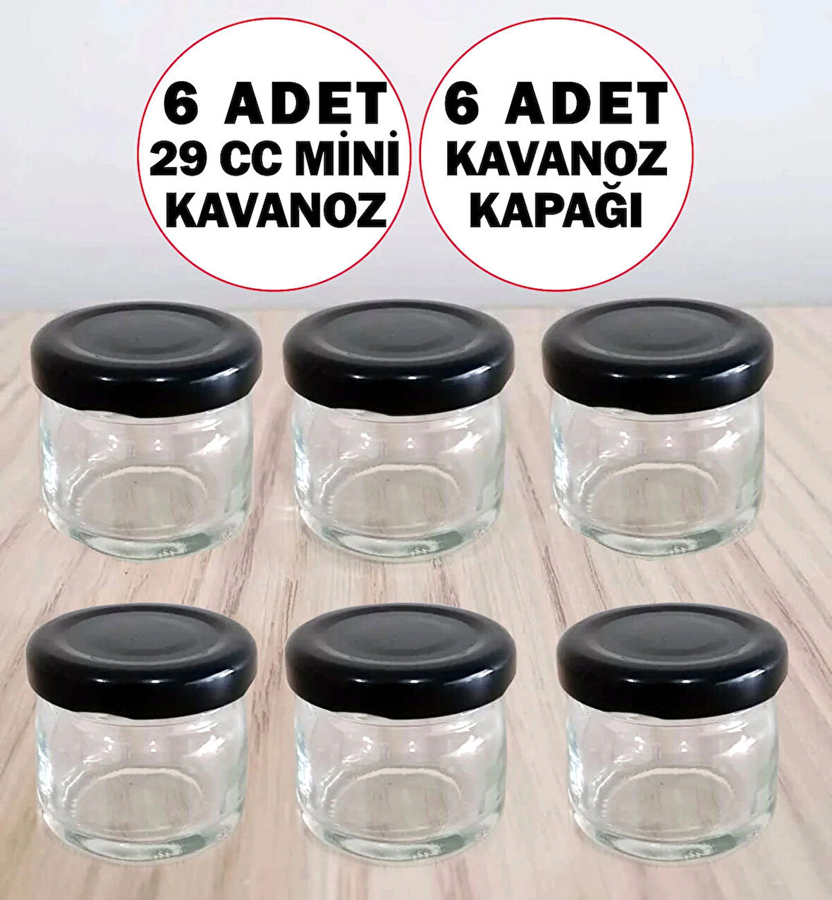 6 Adet 29 CC Minik Kavanoz Siyah Kapaklı Hediyelik Nişan Numune Kavanozu