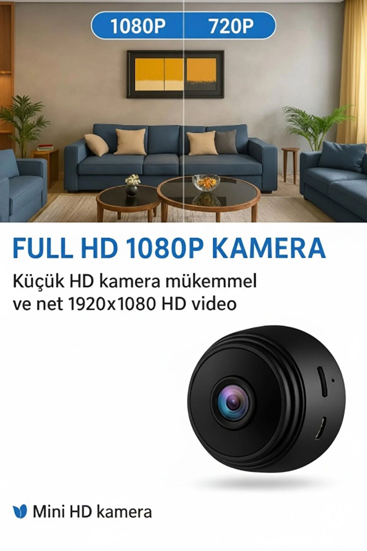 Mini Kablosuz Wifi Hd Güvenlik Kamerası – Çözünürlük 1080P | Wifi | İç ve Dış Mekanlar için Uygun