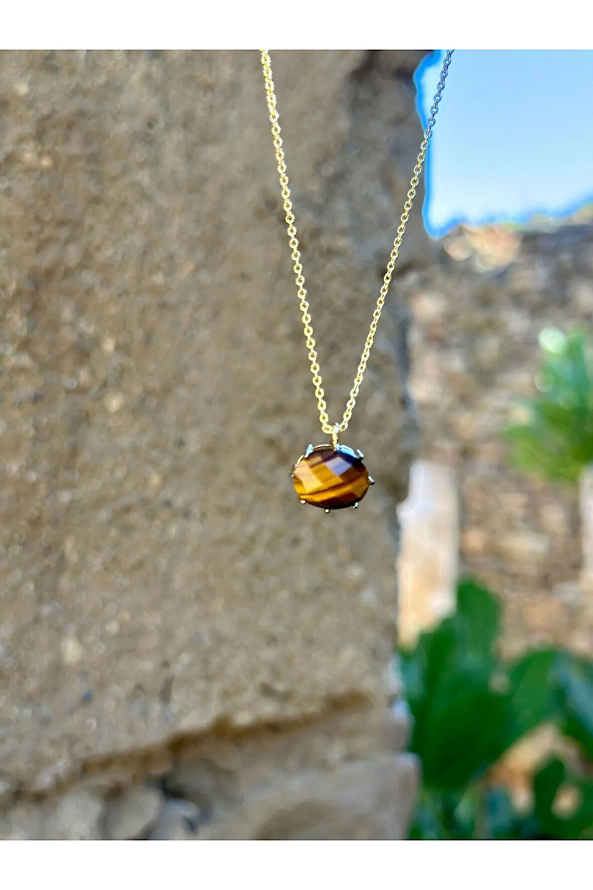 Doğaltaş Kaplangözü Taşı Minimal Kararmaz Kolye Zincirsiz