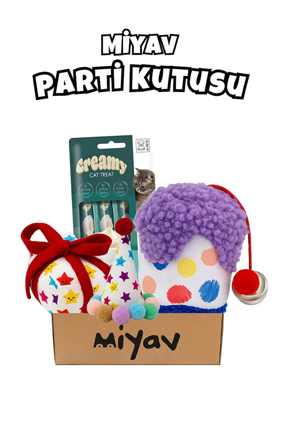 Kedi Parti Kutusu 4’lü Set | Parti Şapkası, Peluş Pasta, Peluş Hediye Kutusu