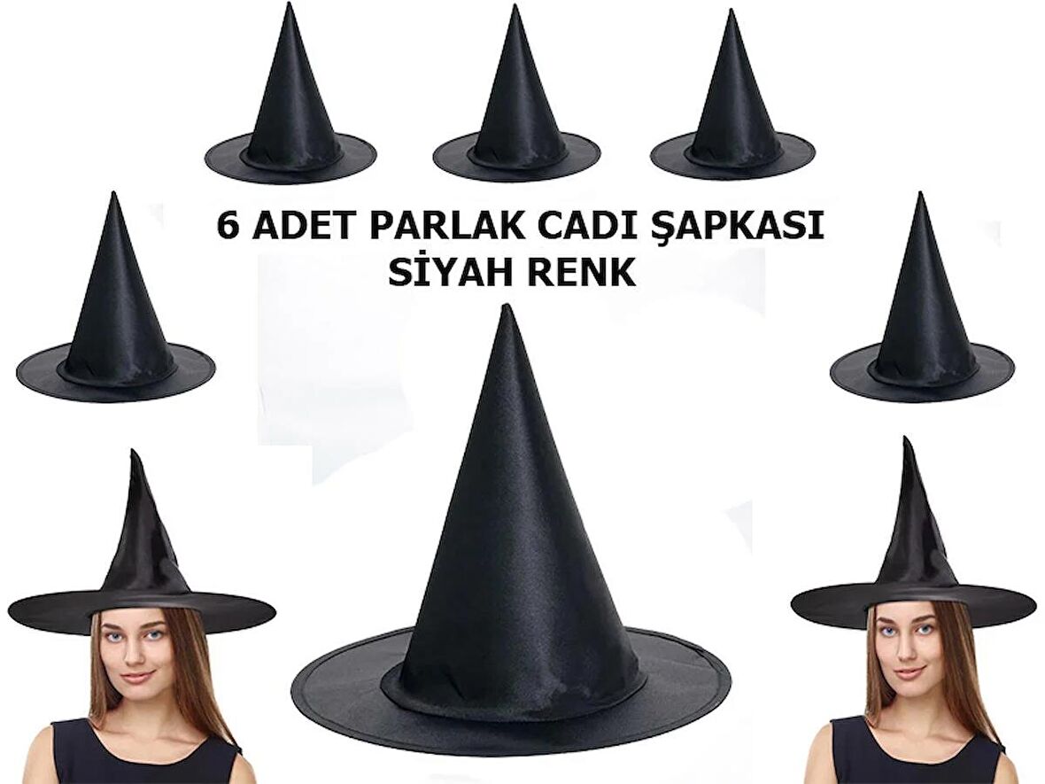 Mo0bgift Halloween Siyah Renk Parlak Dralon Cadı Şapkası Parti Yetişkin ve Çocuk Uyumlu 6 Adet