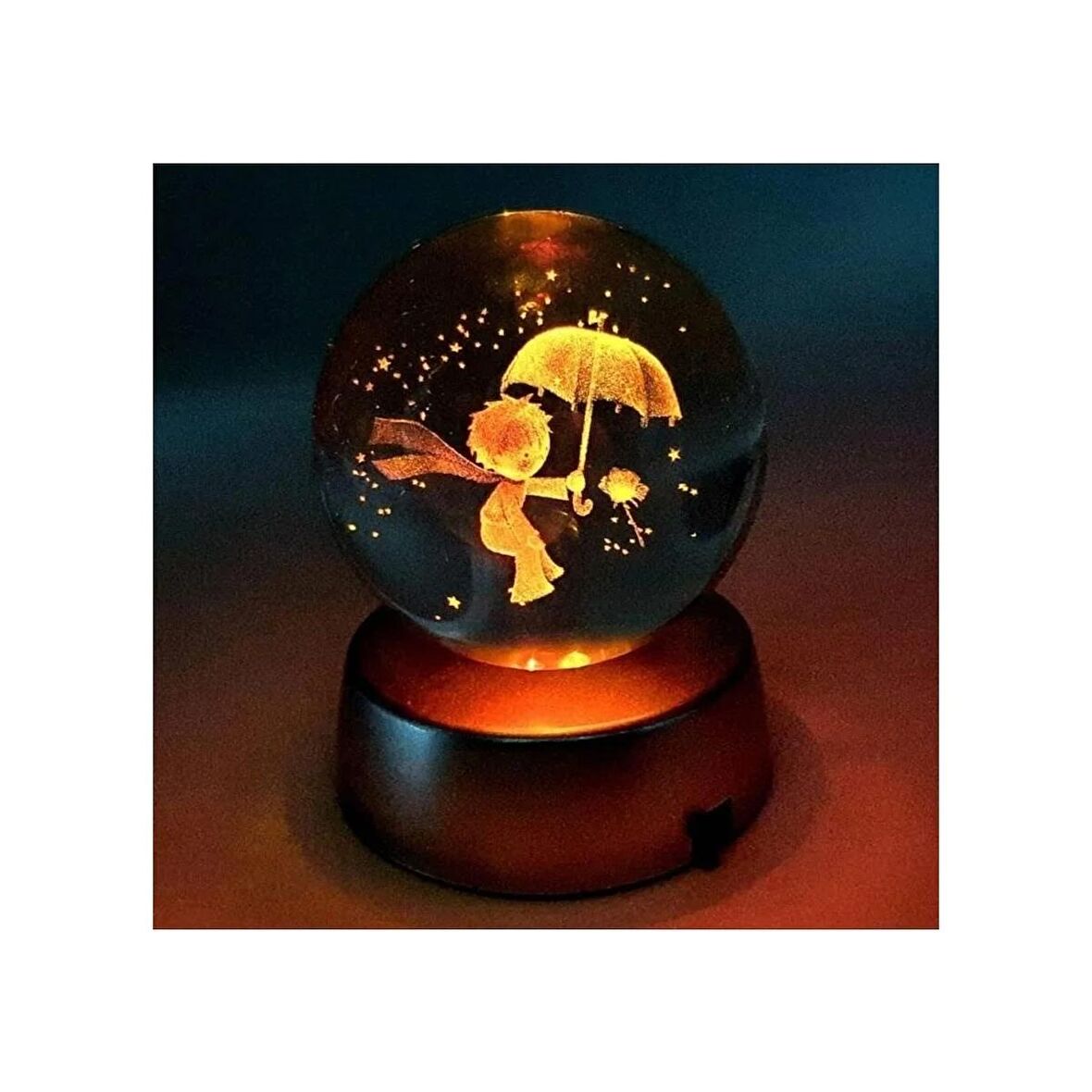 Mobgift Kristal Cam Küre Renk Değiştiren LED Işıklı Gece Lambası Dekoratif Hediyelik Şemsiyeli (Küçük prens 1)