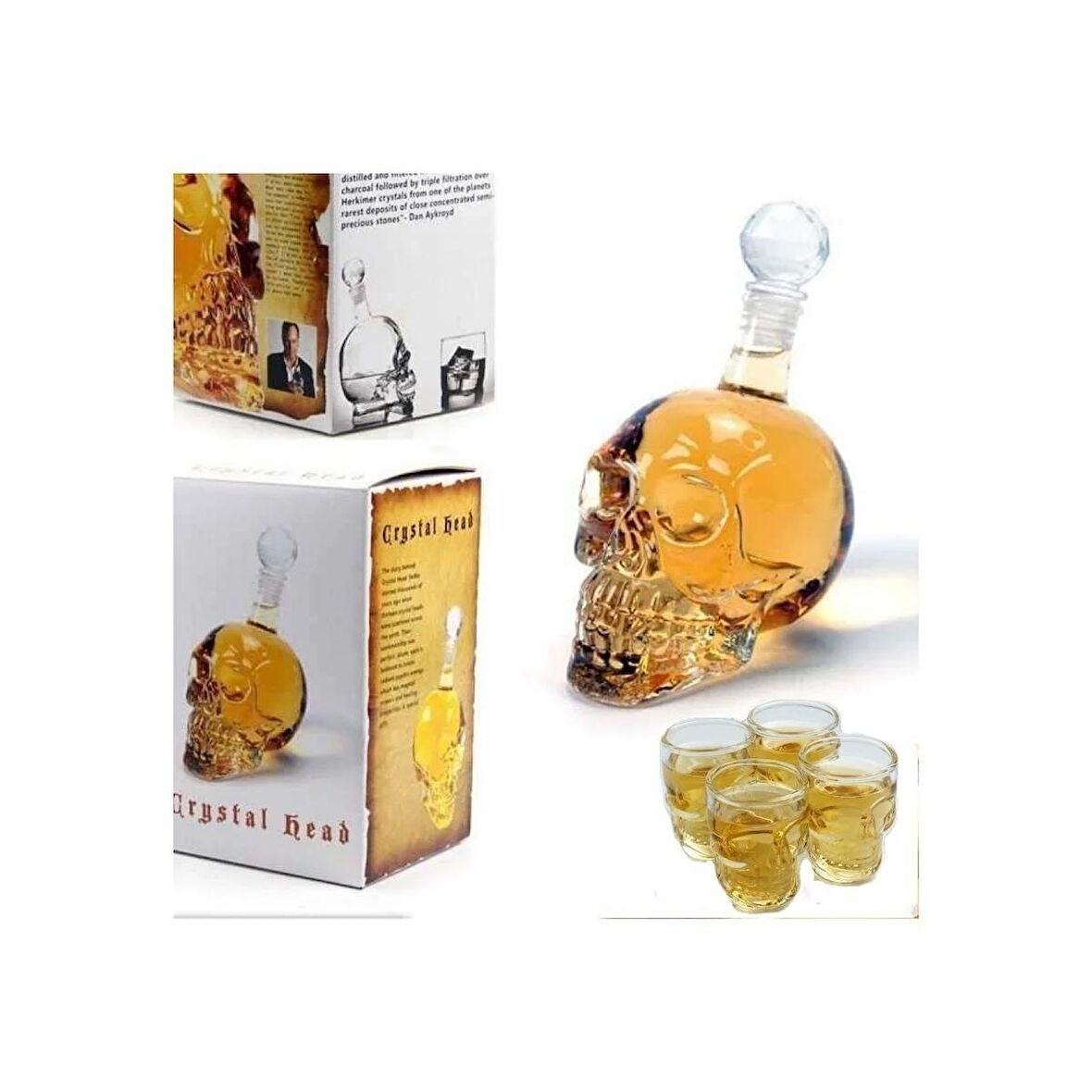 Mobgift Crystal Head Kuru Kafa 550ML Cam Şişe + 4 Adet Figür Bardak