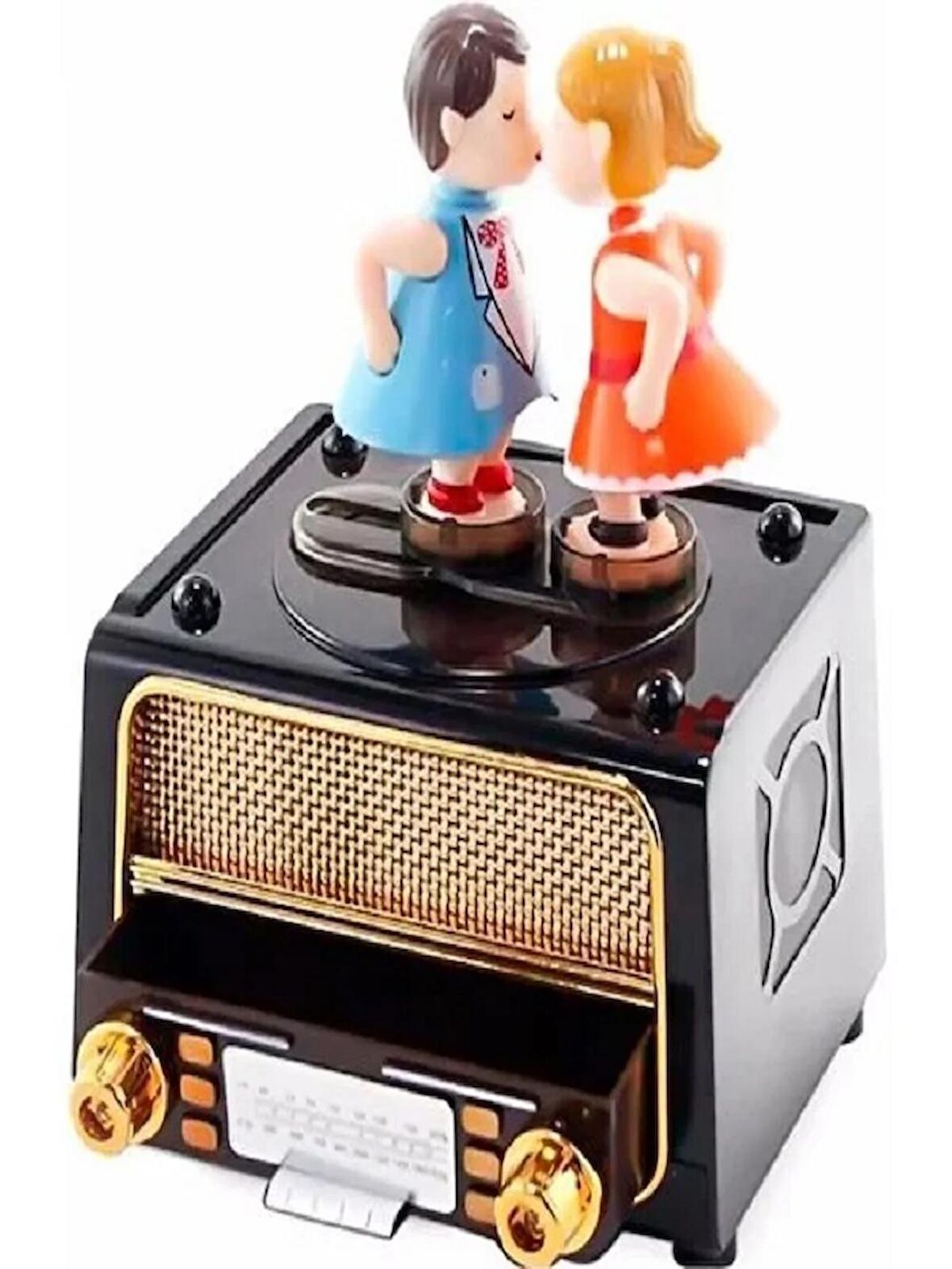 Mobgift Radyo Üzerinde Öpüşen Çift Kurmalı Müzik Kutusu (Kahverengi)