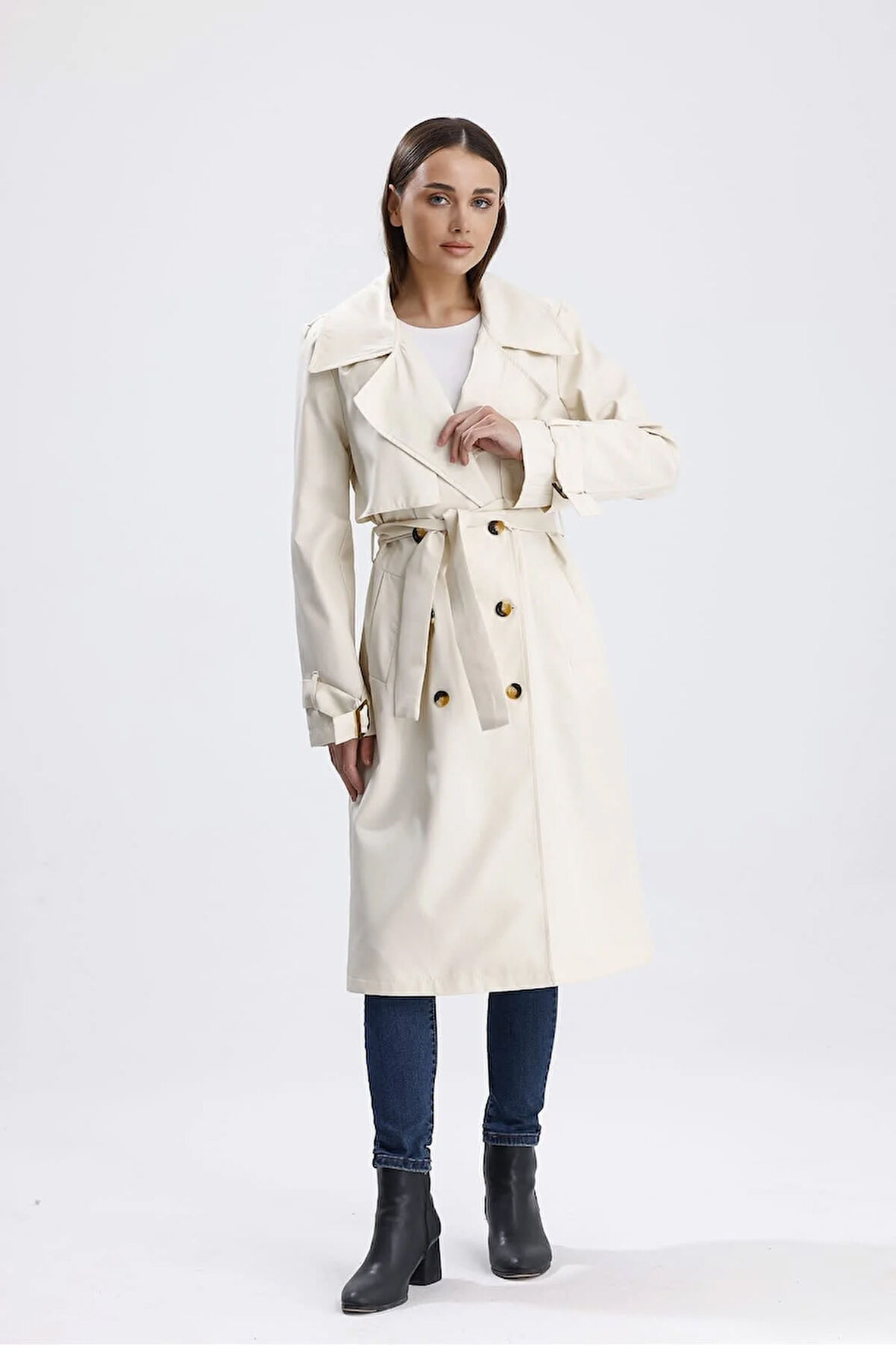 Ekru Klasik Kuşaklı Astarlı Trençkot