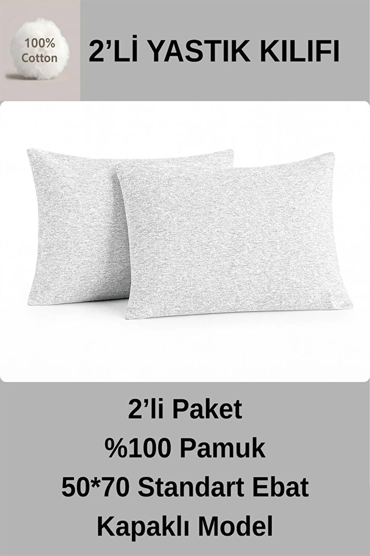 %100 Pamuk Yastik Kilifi 50*70 ( 2 Adet)-Gri