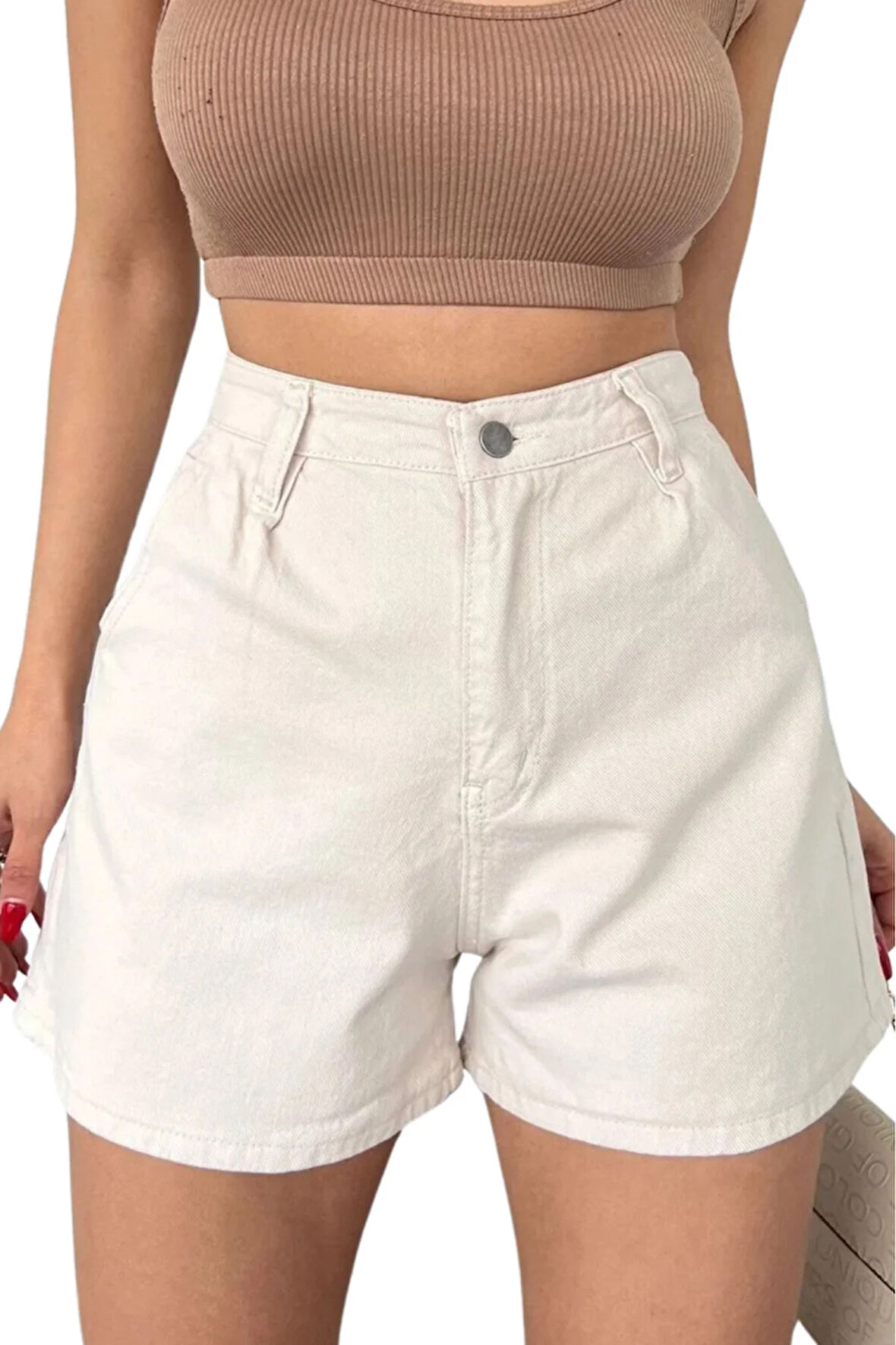 Mini Denim Şort Cepli -Krem