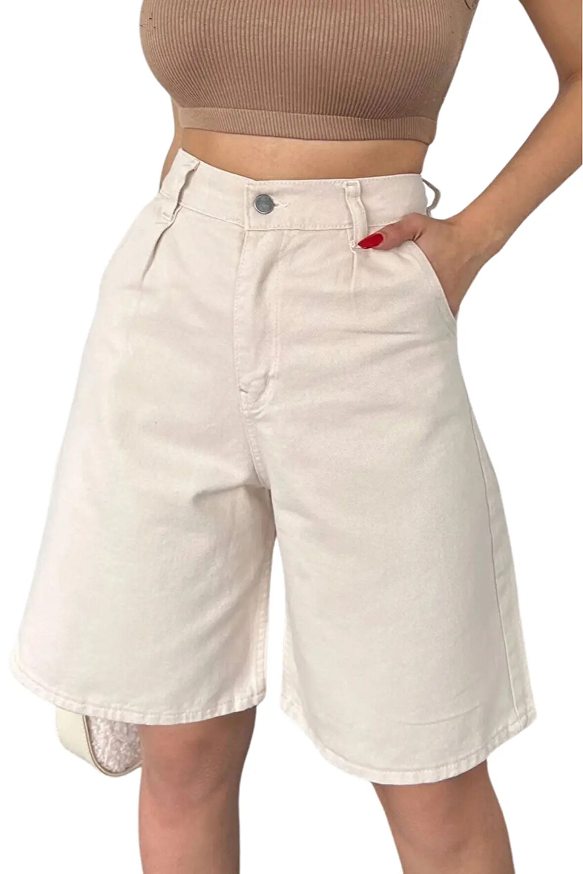 Rahat Kesim Denim Şort Cepli-Krem