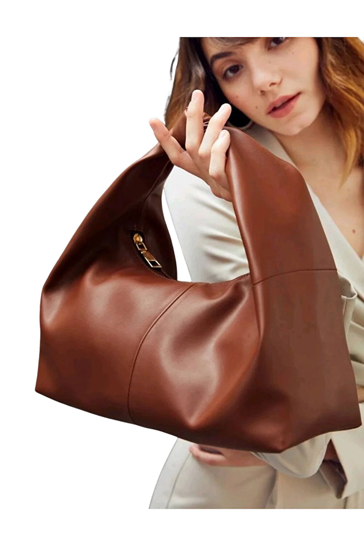 Şık Tasarım Deri Kadın Kol Çantası-Kahverengi