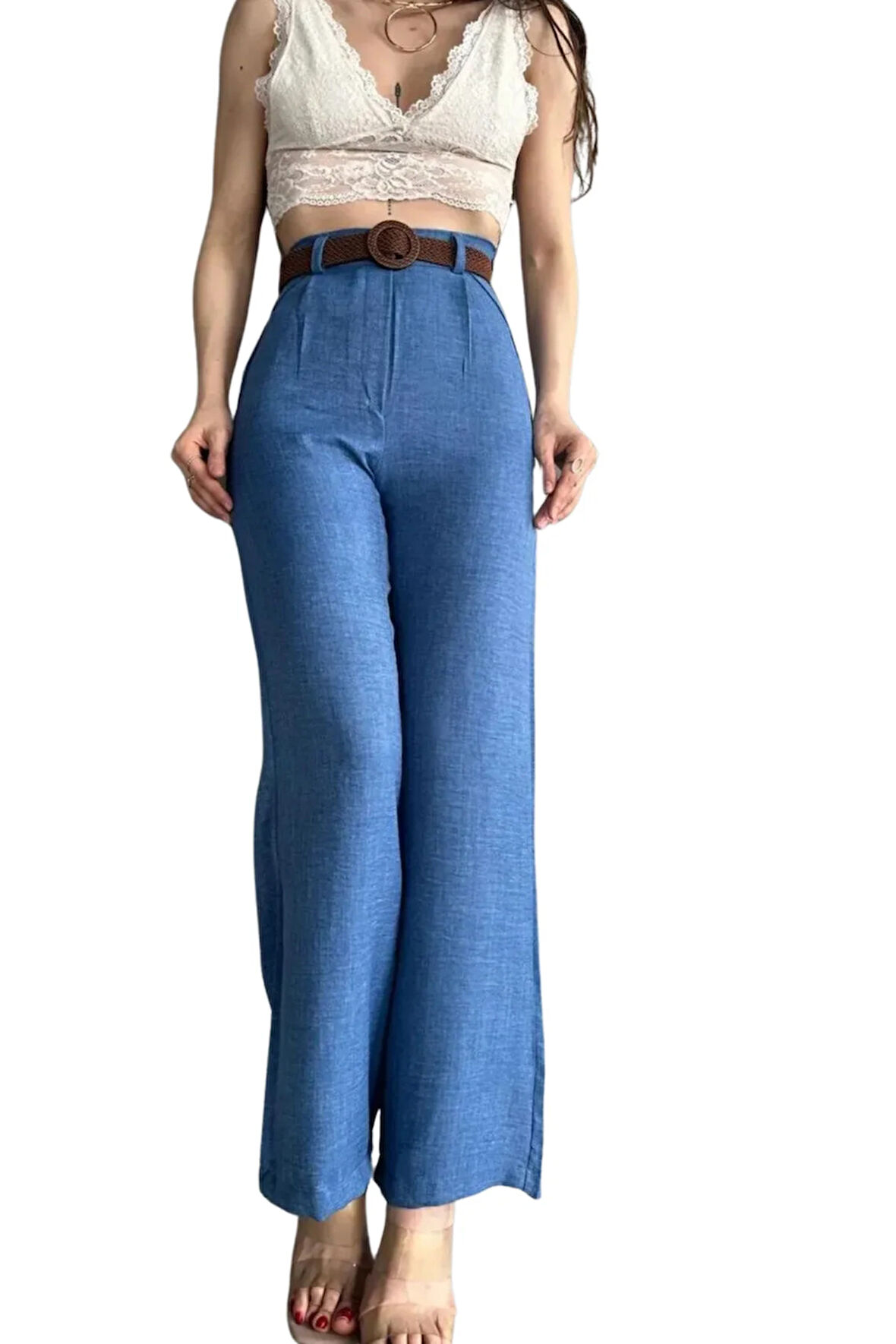 Kemerli Keten Pantolon -Mavi