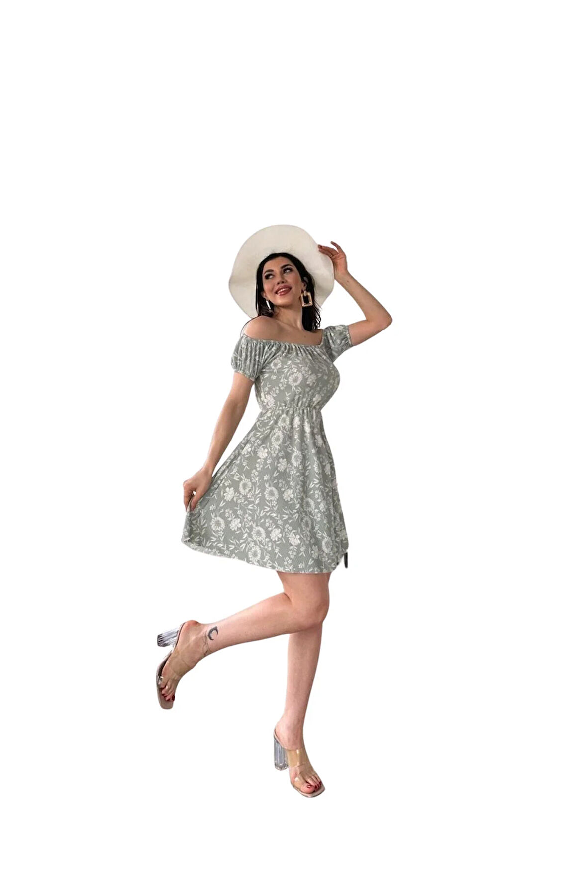 Madonna Yaka Desenli Elbise-Yeşil