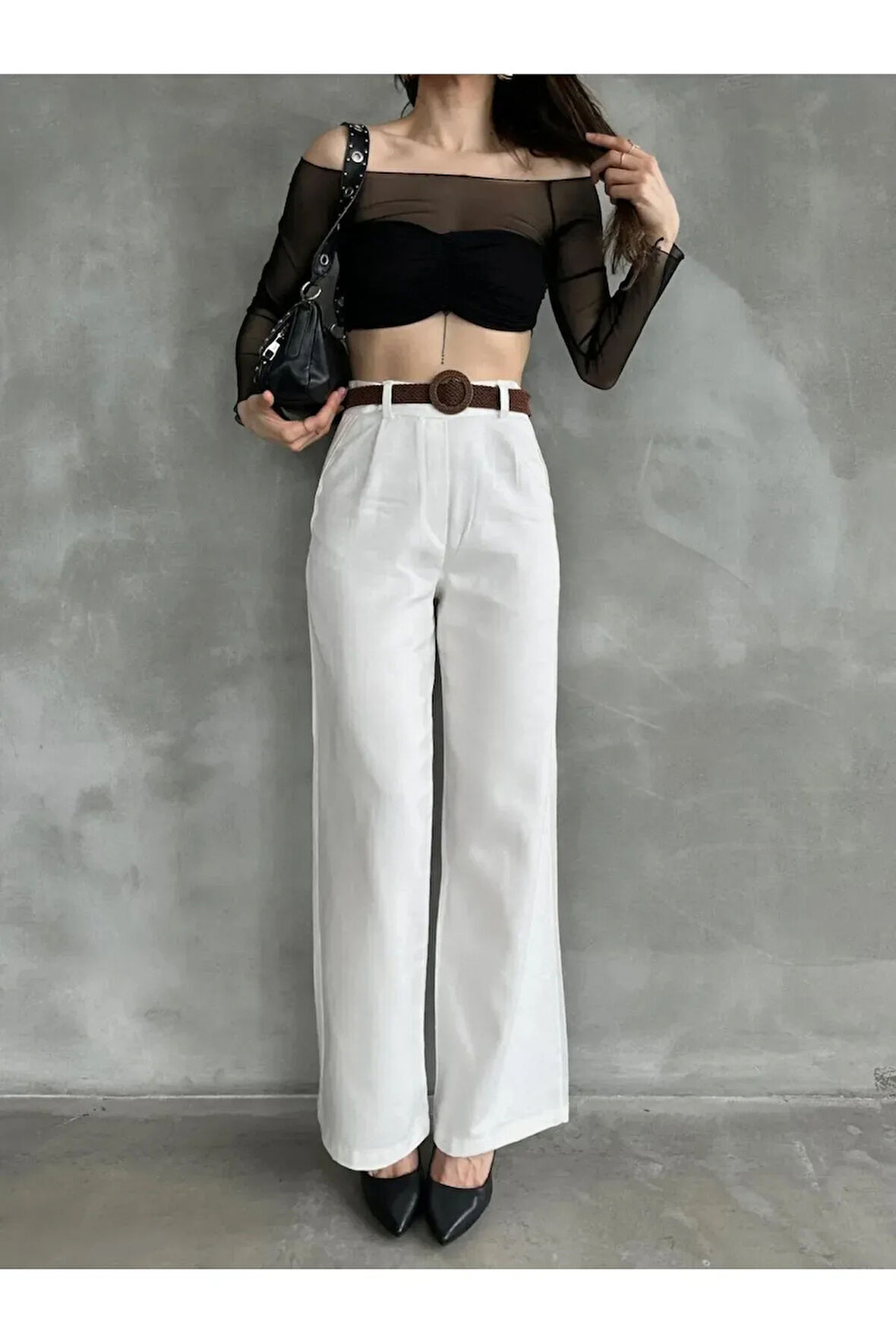 Beli Kemerli Pantolon - Beyaz