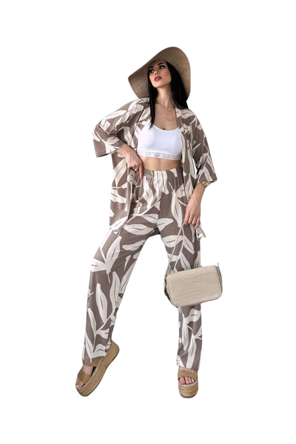 Alt Üst Takım Kimono- Desenli-Kahverengi