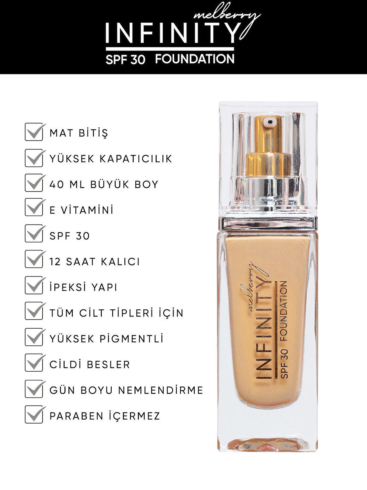 Melberry Infinity Fondöten Büyük Boy 40 ML Foundation Dark