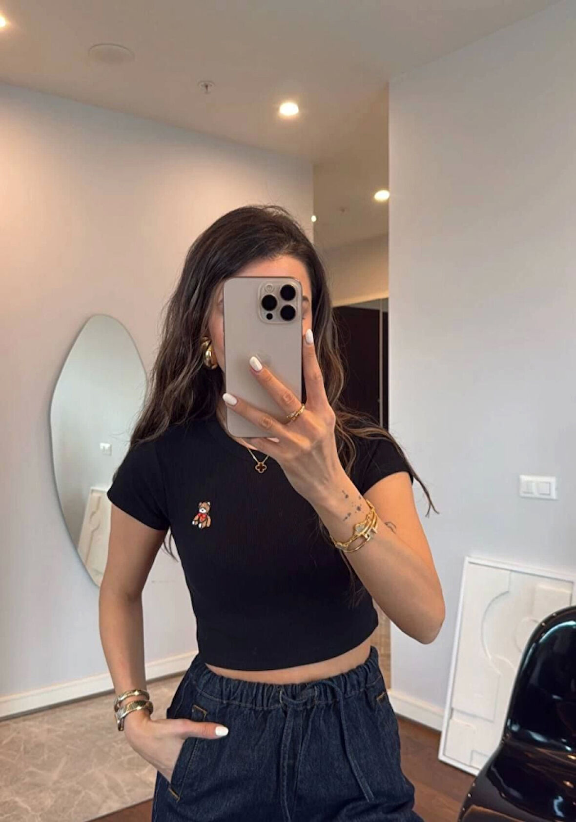 melfxxl Bisiklet Yaka Kısa Kollu Nakışlı Crop - Siyah