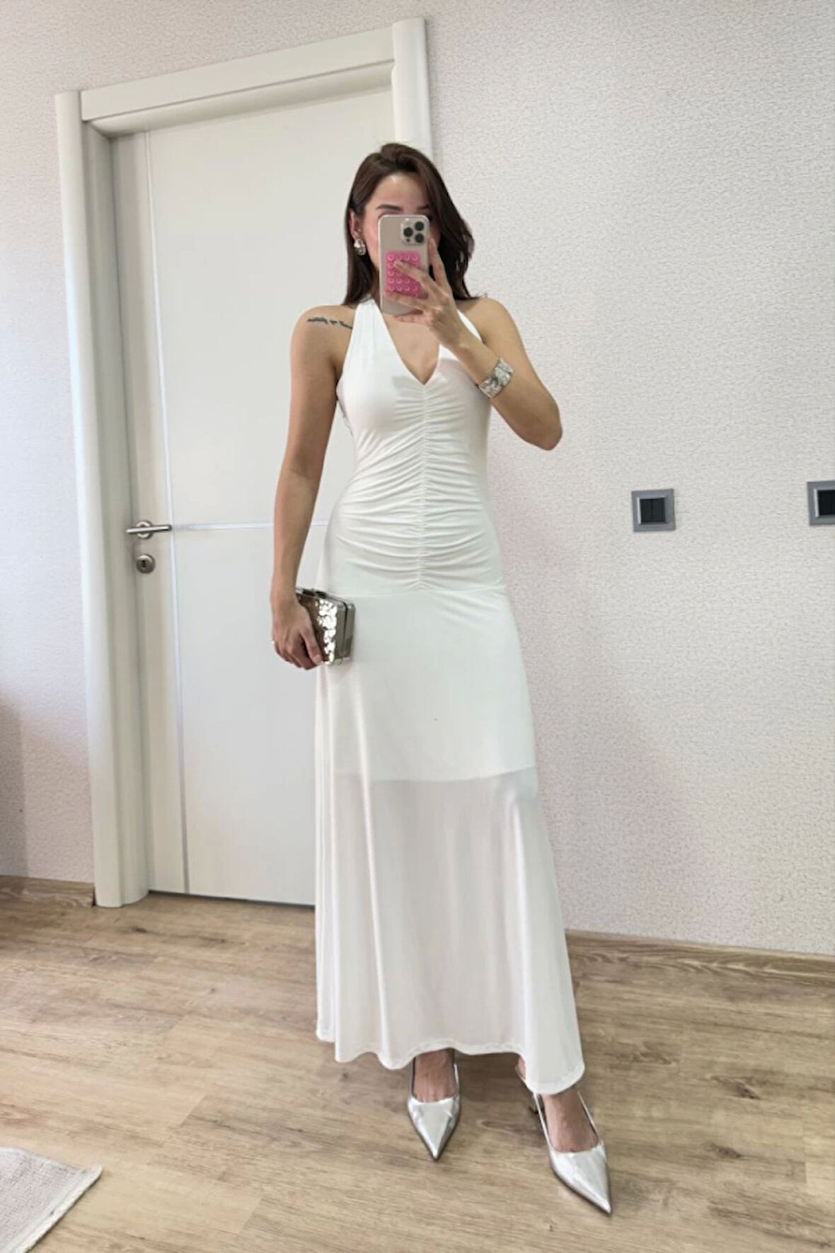 melfxxl Sırt Dekolteli Uzun Kollu Elbise - Beyaz