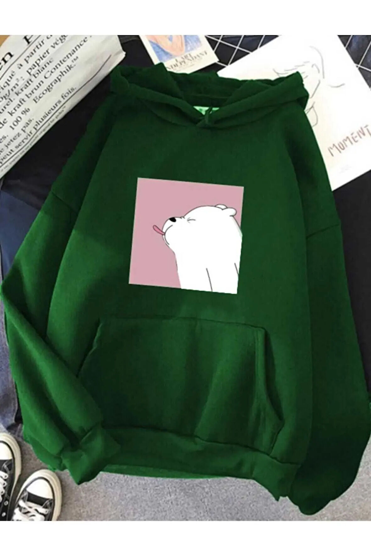 malkoçbey white bear baskılı kapüsonlu oversize unisex swetşhirt