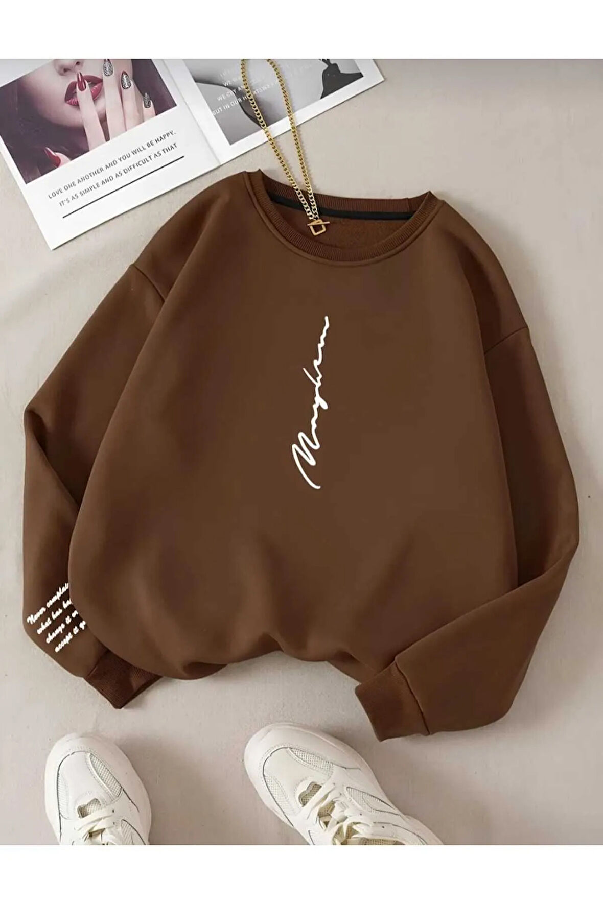 never baskılı oversize unisex bisiklet yaka sweatşhirt