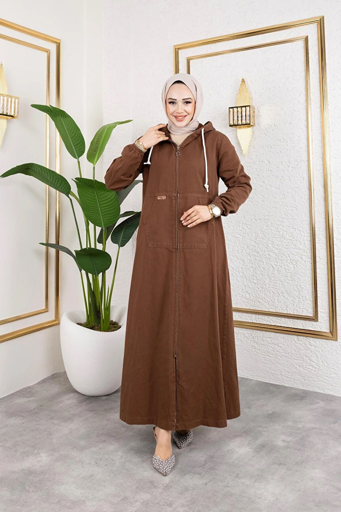 Kadın Fermuarlı Kapüşonlu Pamuk Gabardin Kap