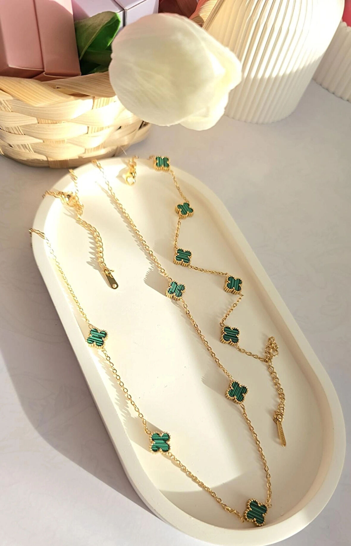 Çelik Kolye Seti - Yonca Kolye Ve Bileklik Seti - Paslanmaz Çelik 