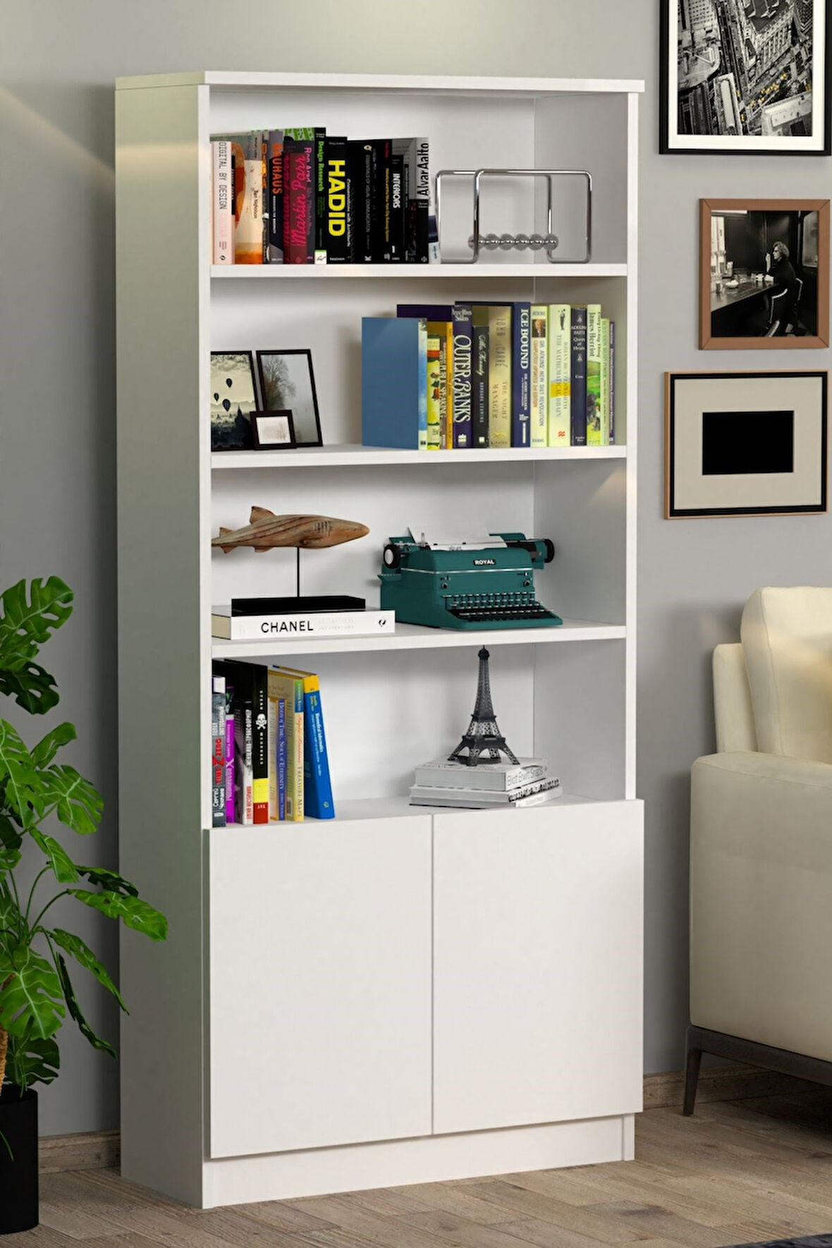 2 Kapaklı Dolaplı 4 Raflı  Kitaplık Beyaz