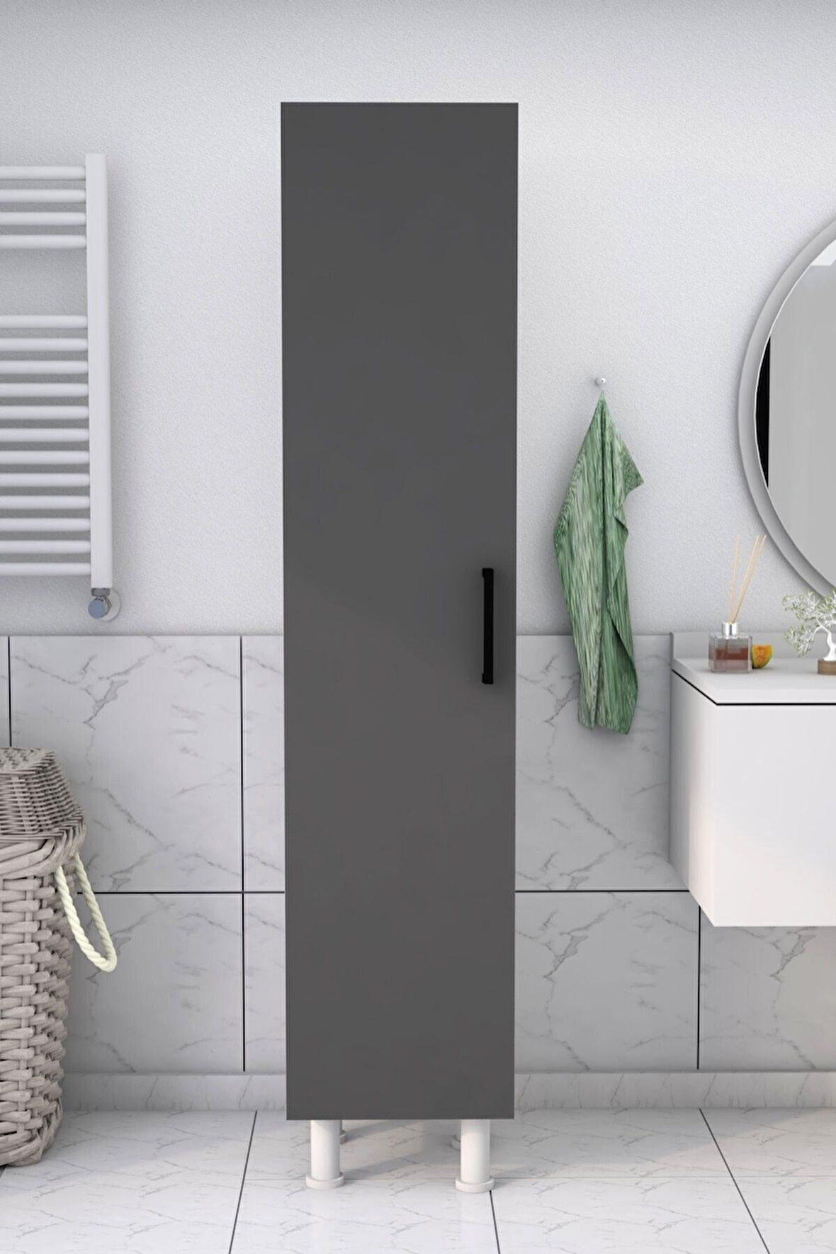 5 Raflı Banyo Boy Dolabı Beyaz Antrasit