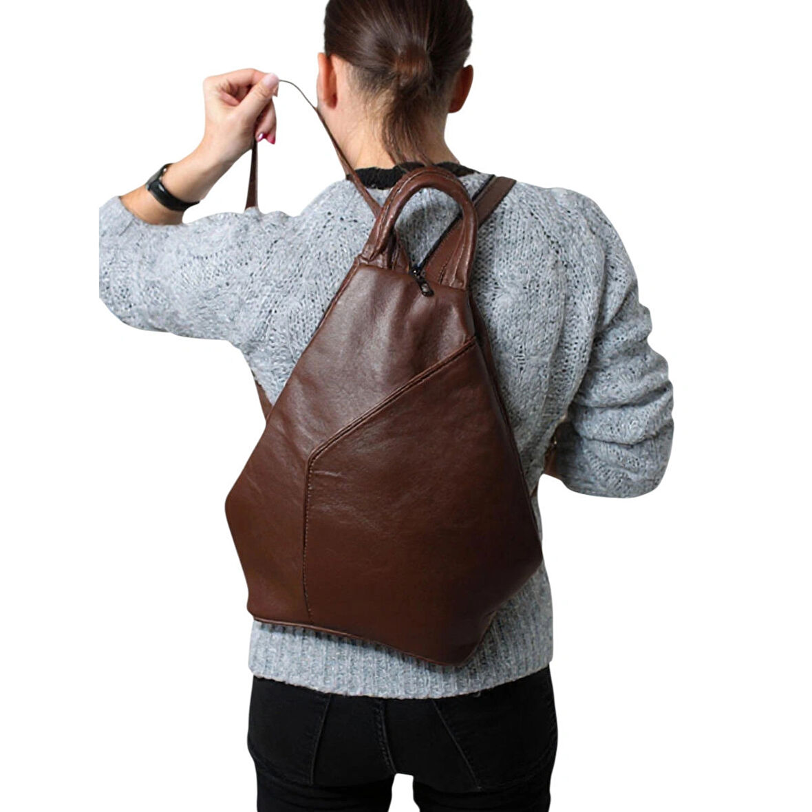 Hakiki Deri Kadın Omuz Sırt Çantası Vazo Model Koyu Kahverengi 