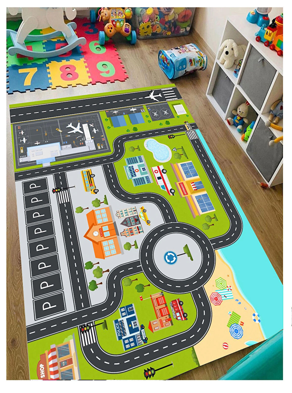 Otoparklı Trafik Çocuk Oyun Halısı Kaymaz Makinede Yıkanabilir Eğitici Bebek Ve Çocuk Odası Halısı