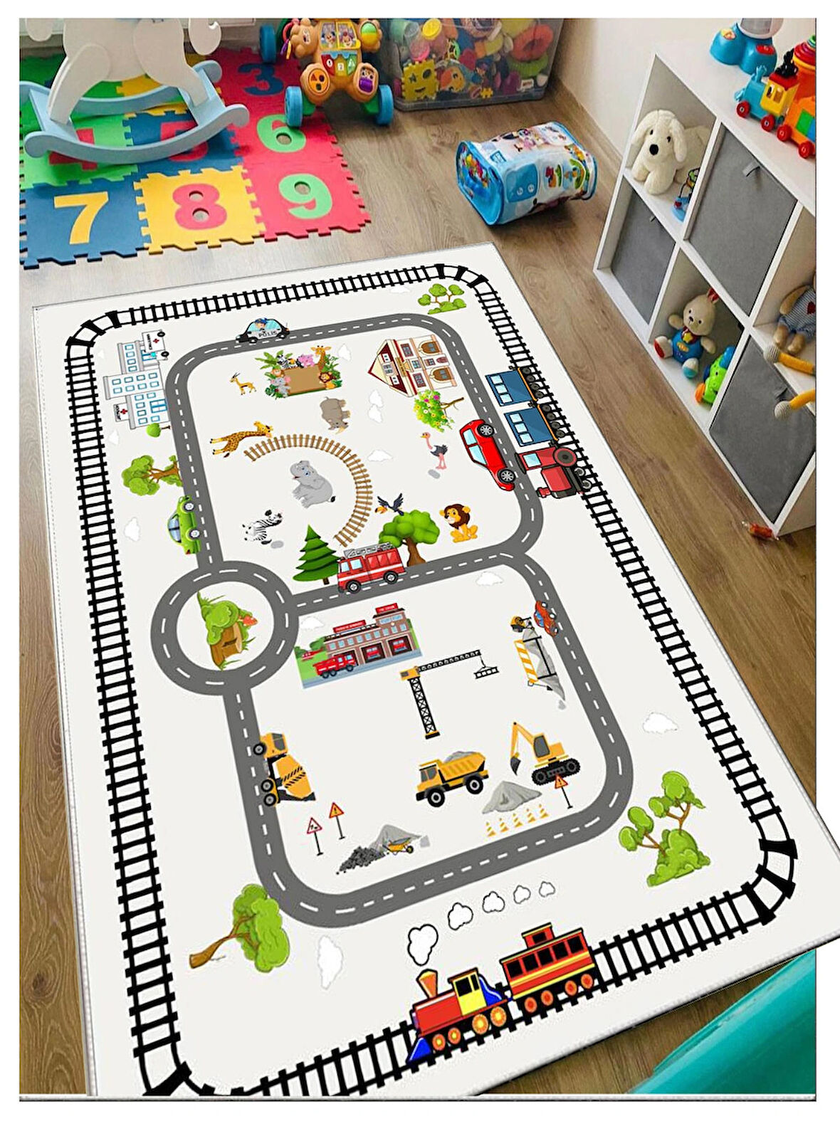 Tren Trafik Çocuk Oyun Halısı Kaymaz Makinede Yıkanabilir Eğitici Bebek Ve Çocuk Odası Halısı