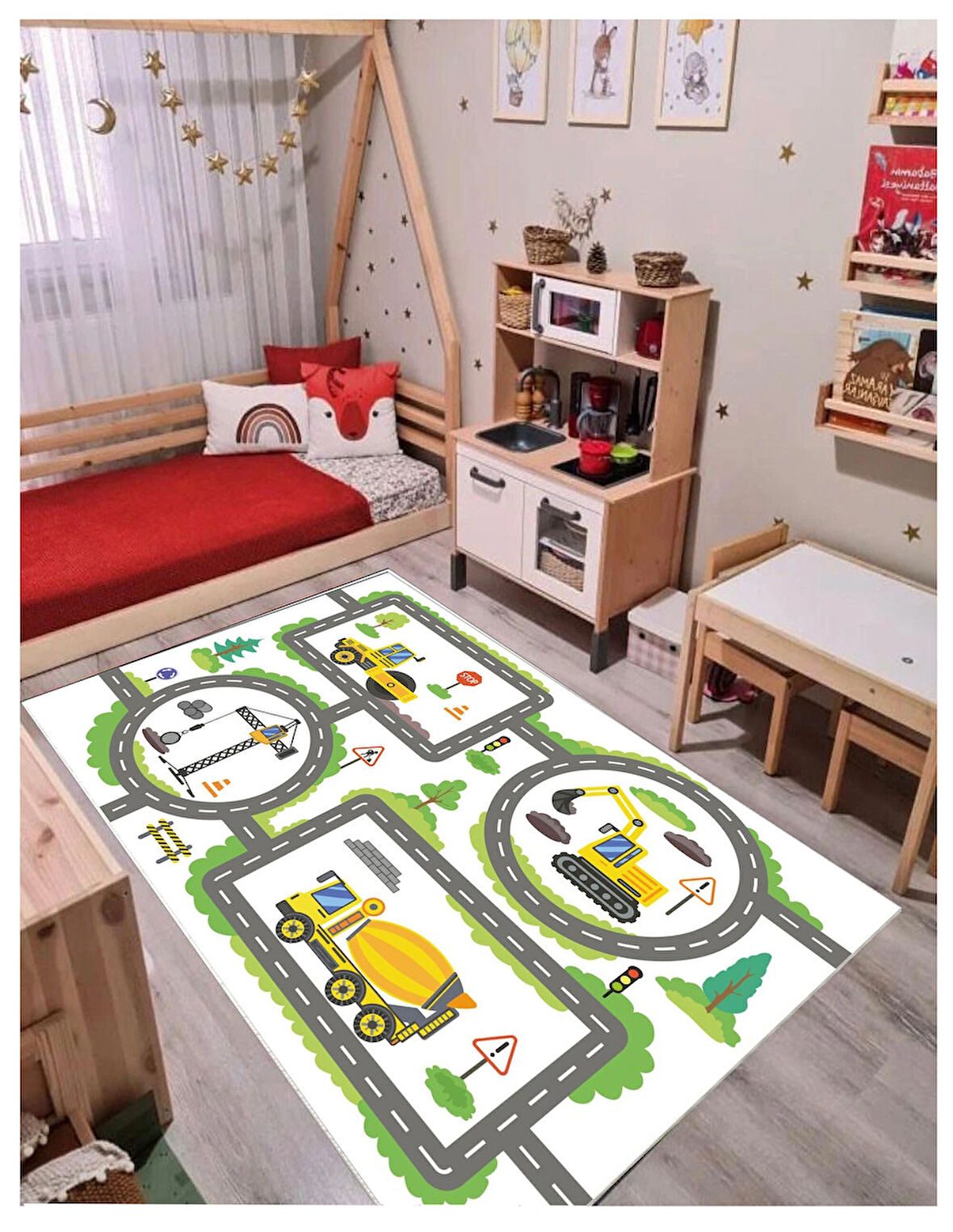 İş Makinesi Trafik Çocuk Oyun Halısı Kaymaz Makinede Yıkanabilir Eğitici Bebek Ve Çocuk Odası Halısı