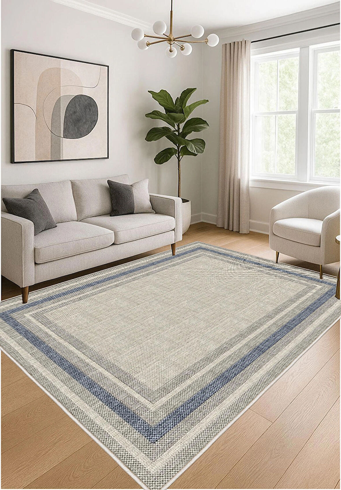 Gri Mavi Dijital Baskı Halı Kaymaz Tabanlı Yıkanabilir Halı Yolluk Salon Halısı 785