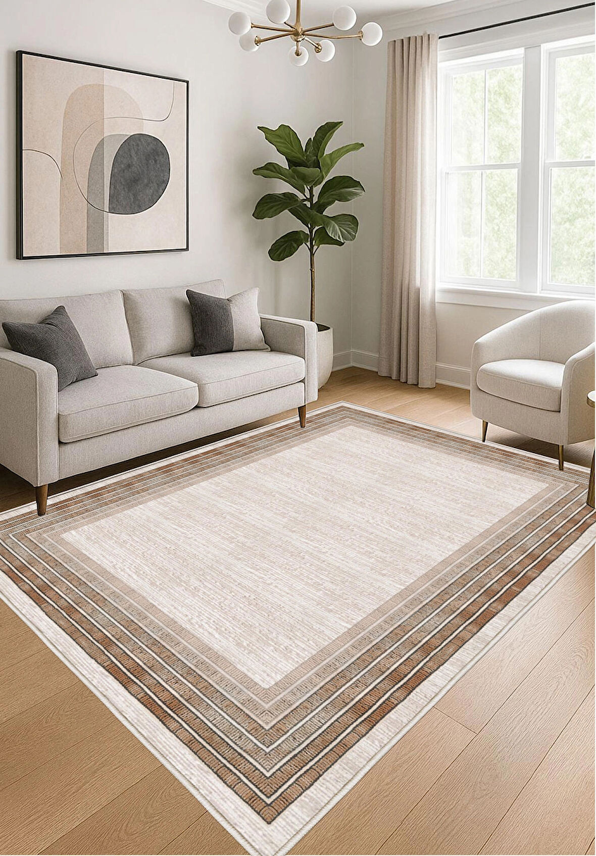 Krem Kahverengi Dijital Baskı Halı Kaymaz Tabanlı Yıkanabilir Halı Yolluk Salon Halısı 789