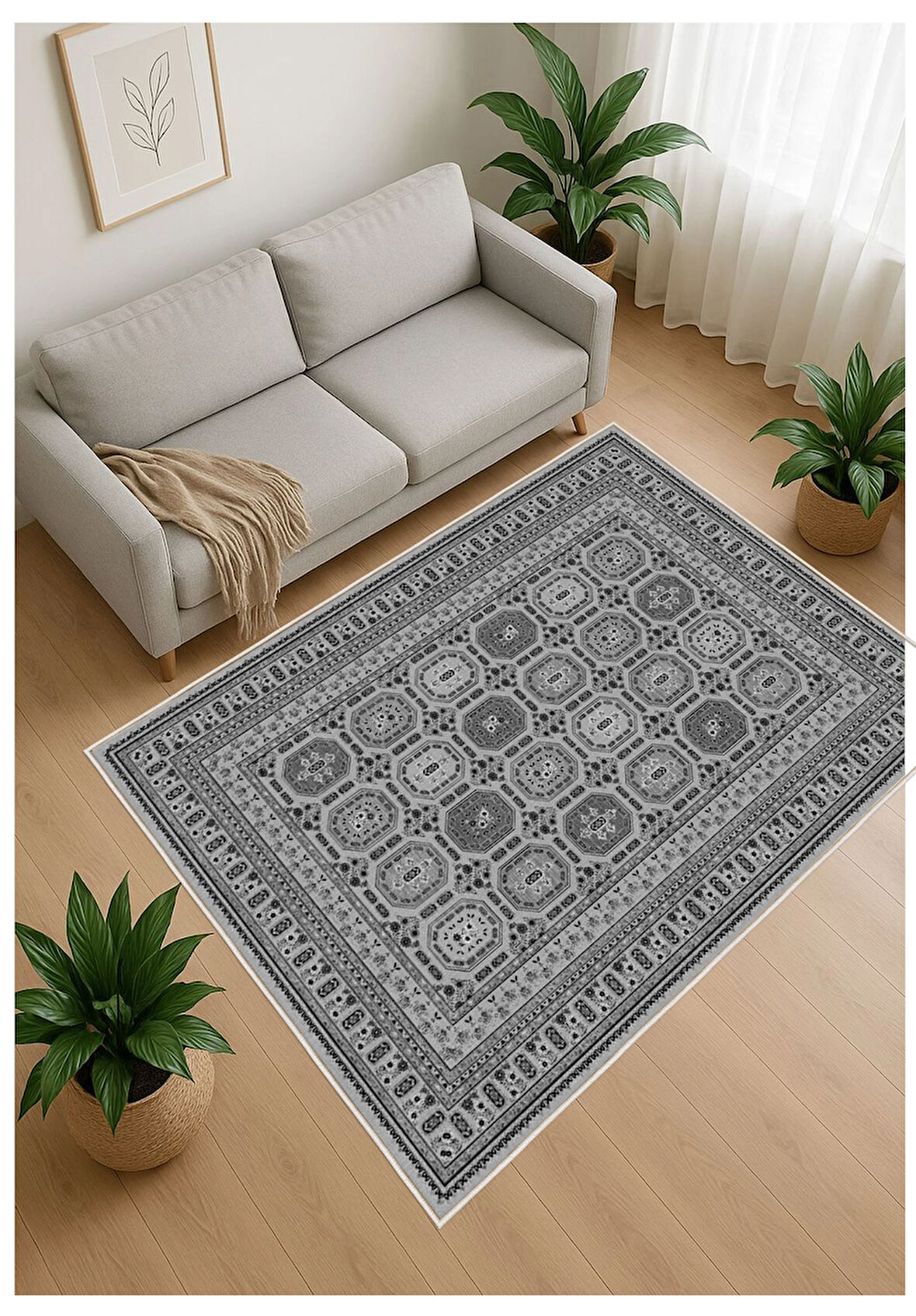 Gri Dijital Baskı Halı Kaymaz Tabanlı Yıkanabilir Halı Yolluk Salon Halısı 792