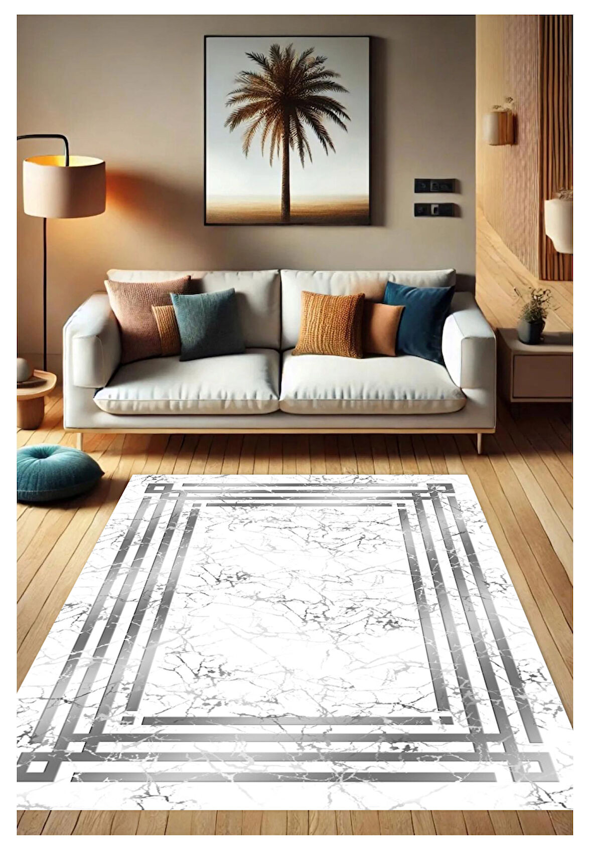 Gri Beyaz Dijital Baskı Halı Kaymaz Tabanlı Yıkanabilir Halı Yolluk Salon Halısı 803