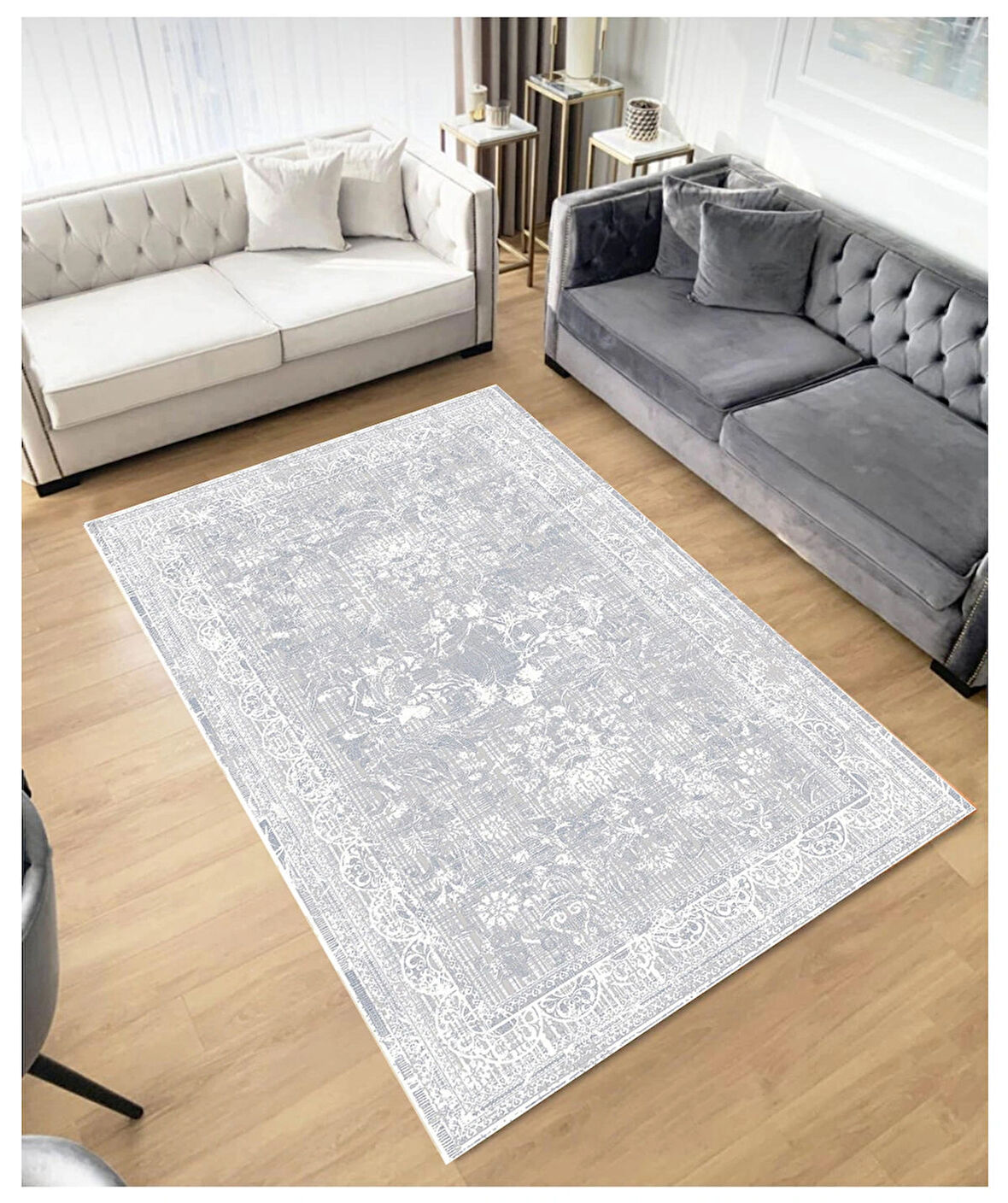 Gri Dijital Baskı Halı Kaymaz Tabanlı Yıkanabilir Halı Yolluk Salon Halısı 804