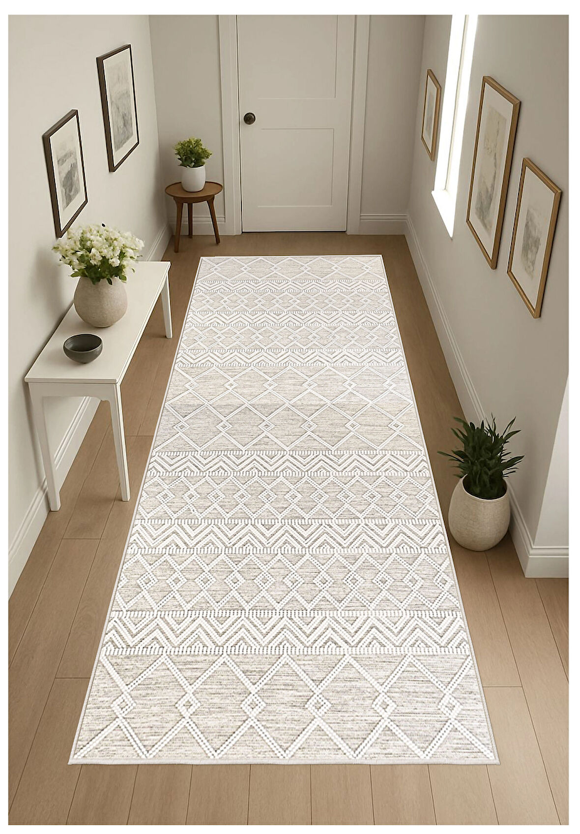 Krem Gri Dijital Baskı Halı Kaymaz Tabanlı Yıkanabilir Halı Yolluk Salon Halısı 806