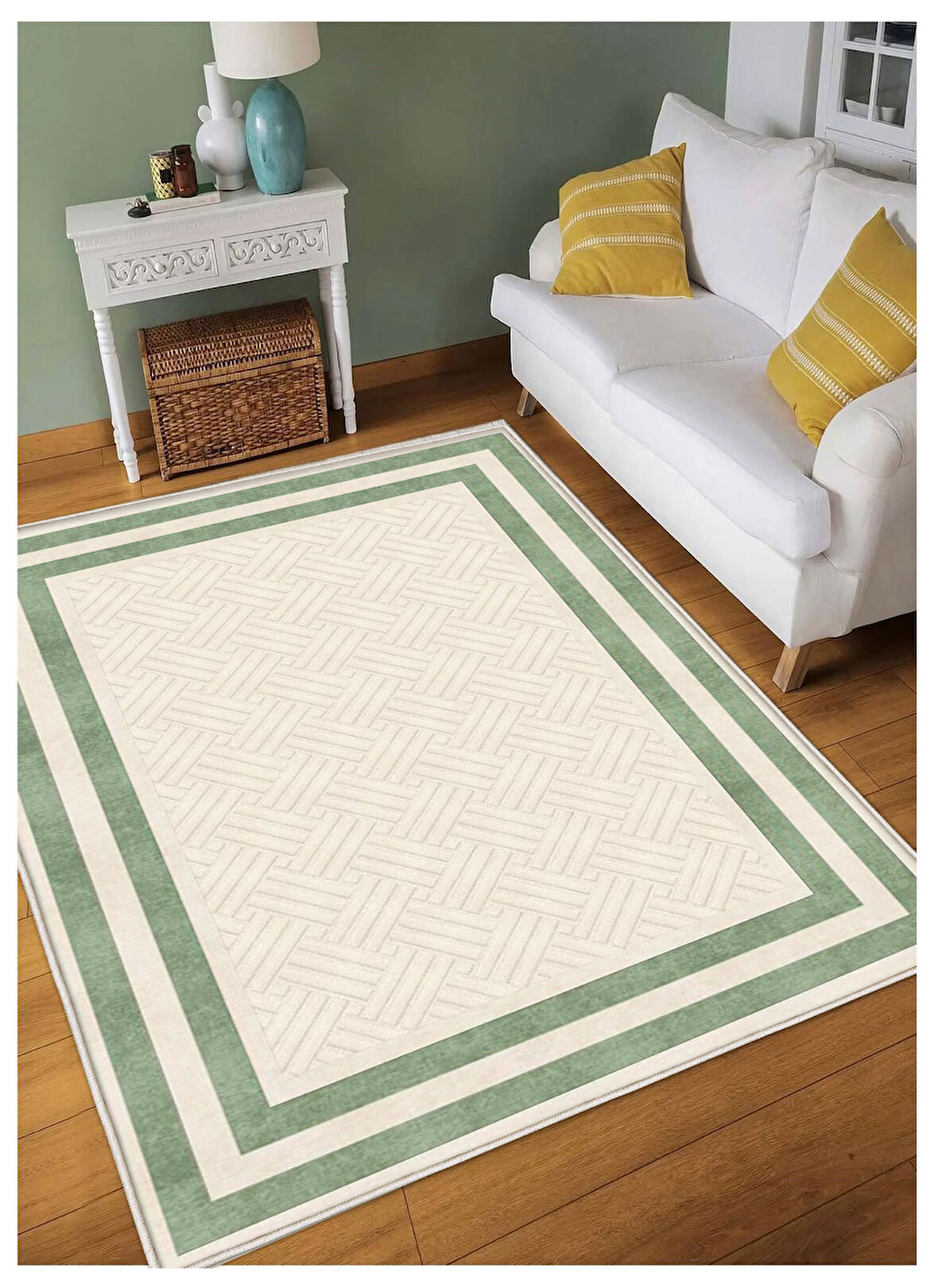 Yeşil KremDijital Baskı Halı Kaymaz Tabanlı Yıkanabilir Halı Yolluk Salon Halısı 807