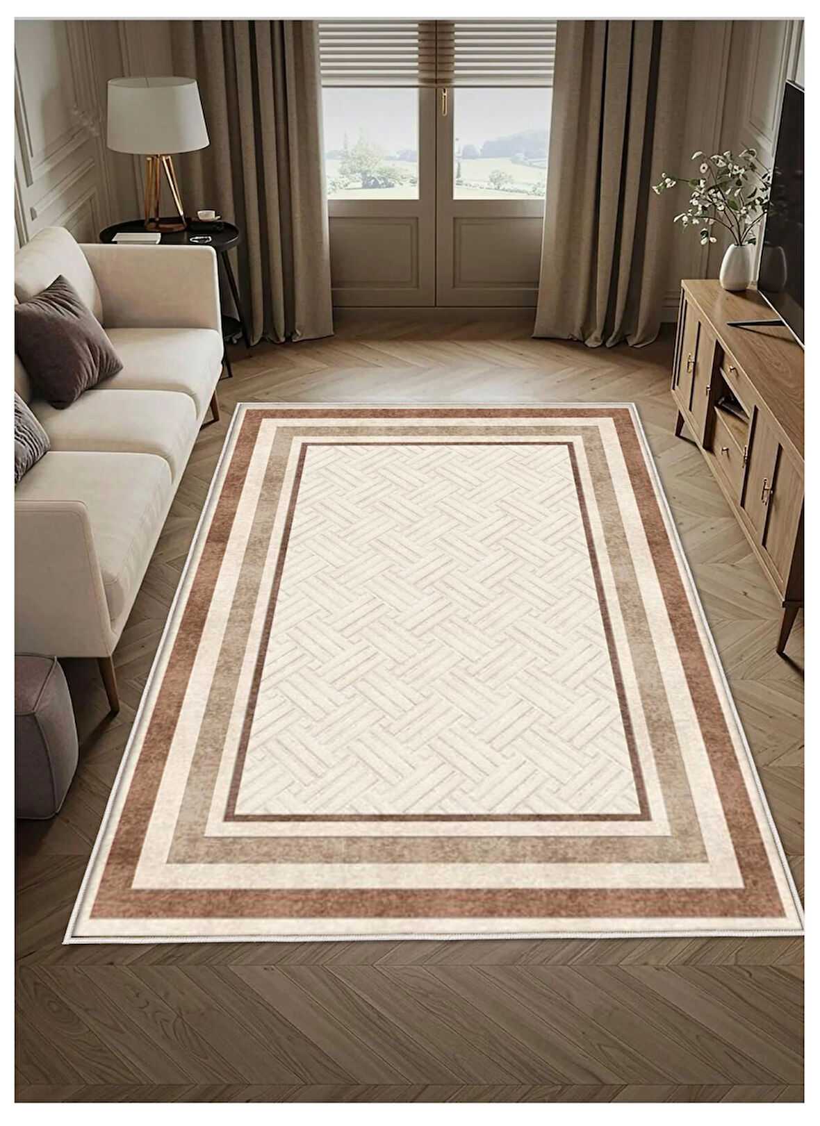 Kahverengi KremDijital Baskı Halı Kaymaz Tabanlı Yıkanabilir Halı Yolluk Salon Halısı 808