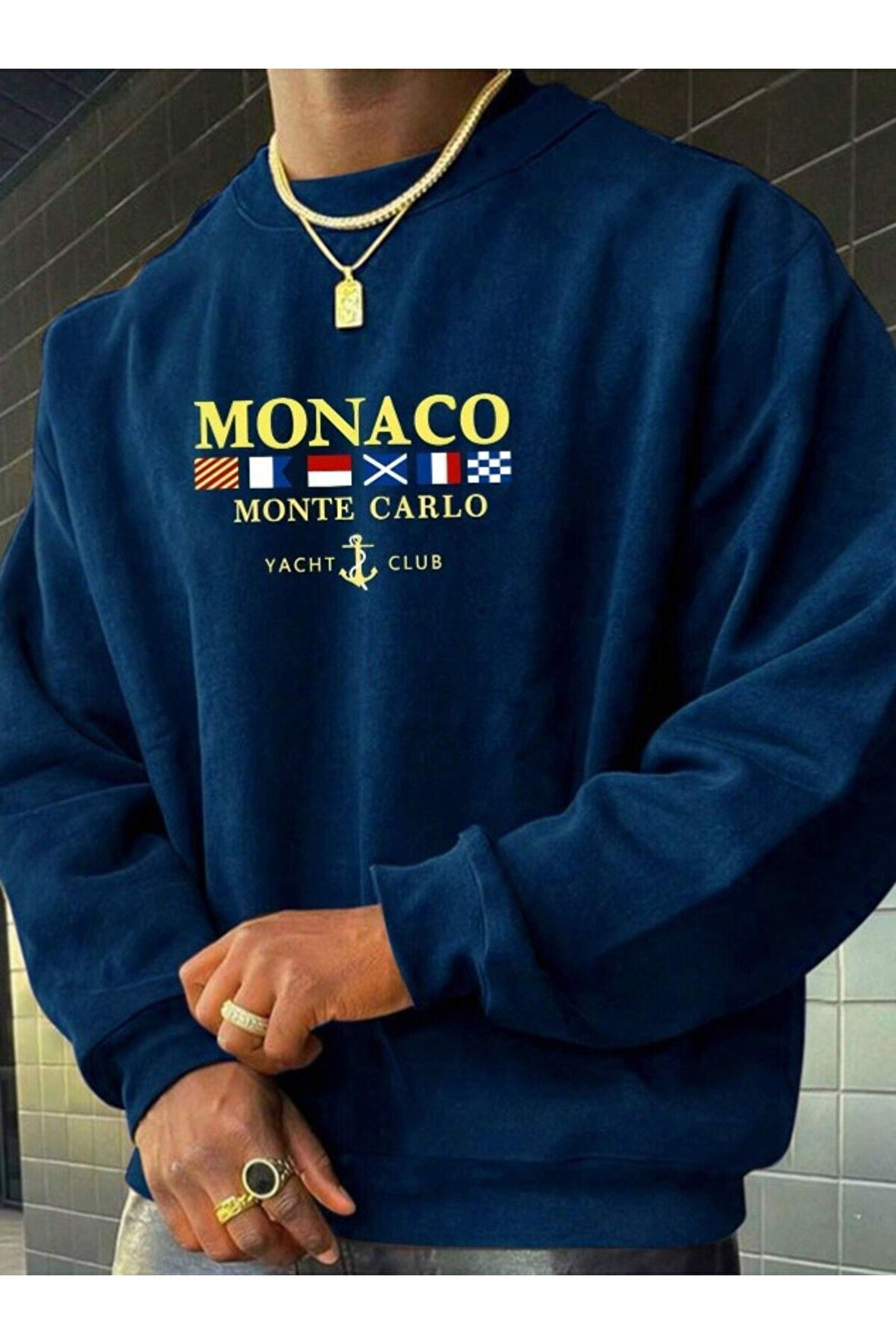 Erkek Petrol Mavi Monaco Baskılı Bisiklet Yaka Sweatshirt