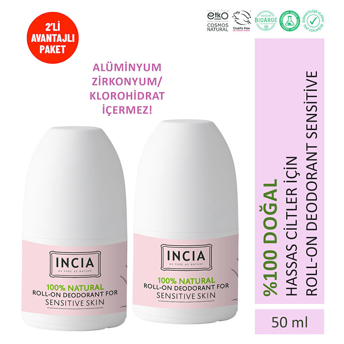 INCIA %100 Doğal Roll On Deodorant Hassas Ciltler İçin Ter Kokusu Önleyici Lekesiz 50 ml X 2 Adet