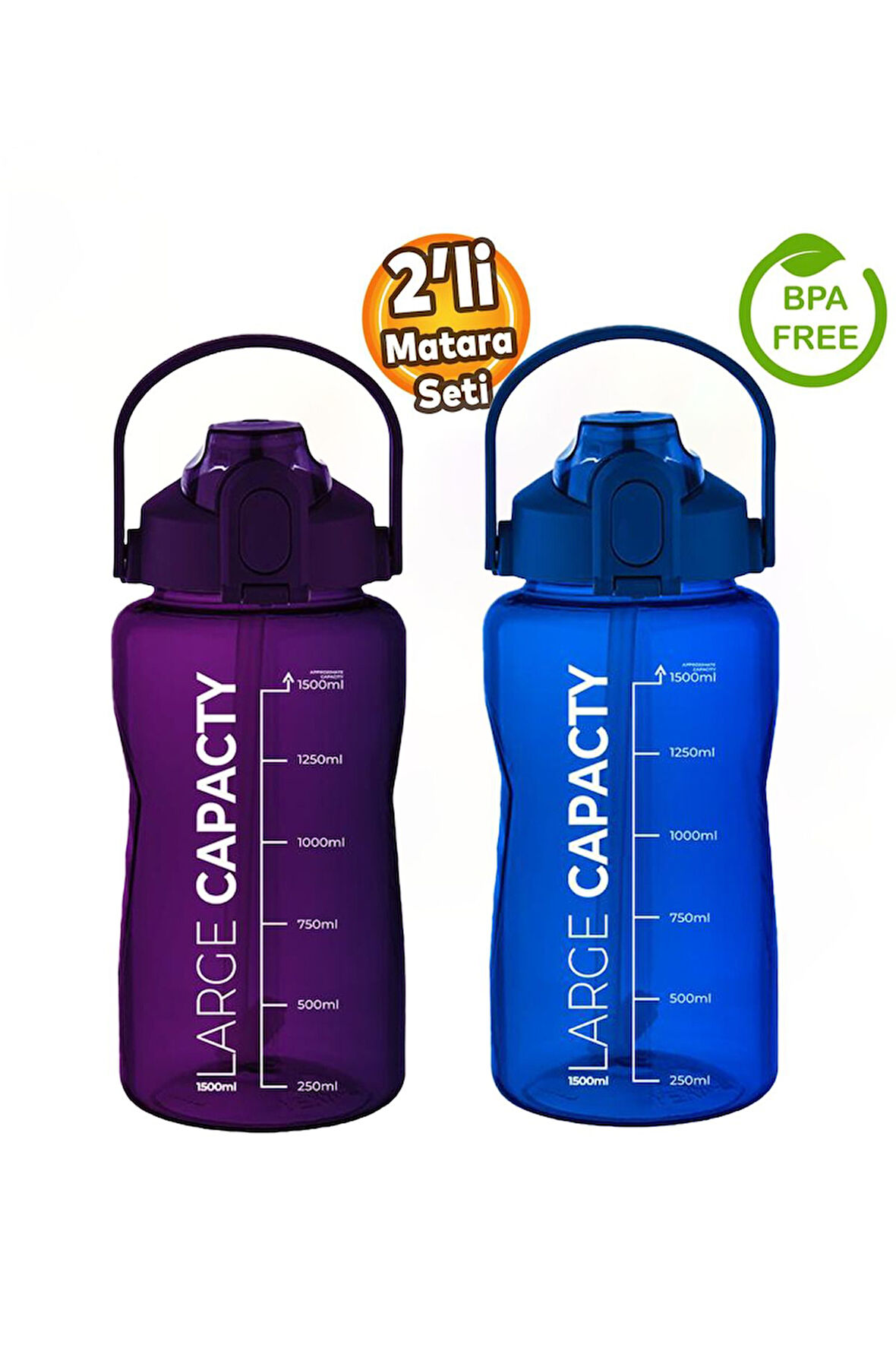 Sağlıklı Polikarbon 1.5L Su Matarası - Pipetli, Taşınabilir, Mavi Mor Renk, Büyük Kapasiteli Suluk