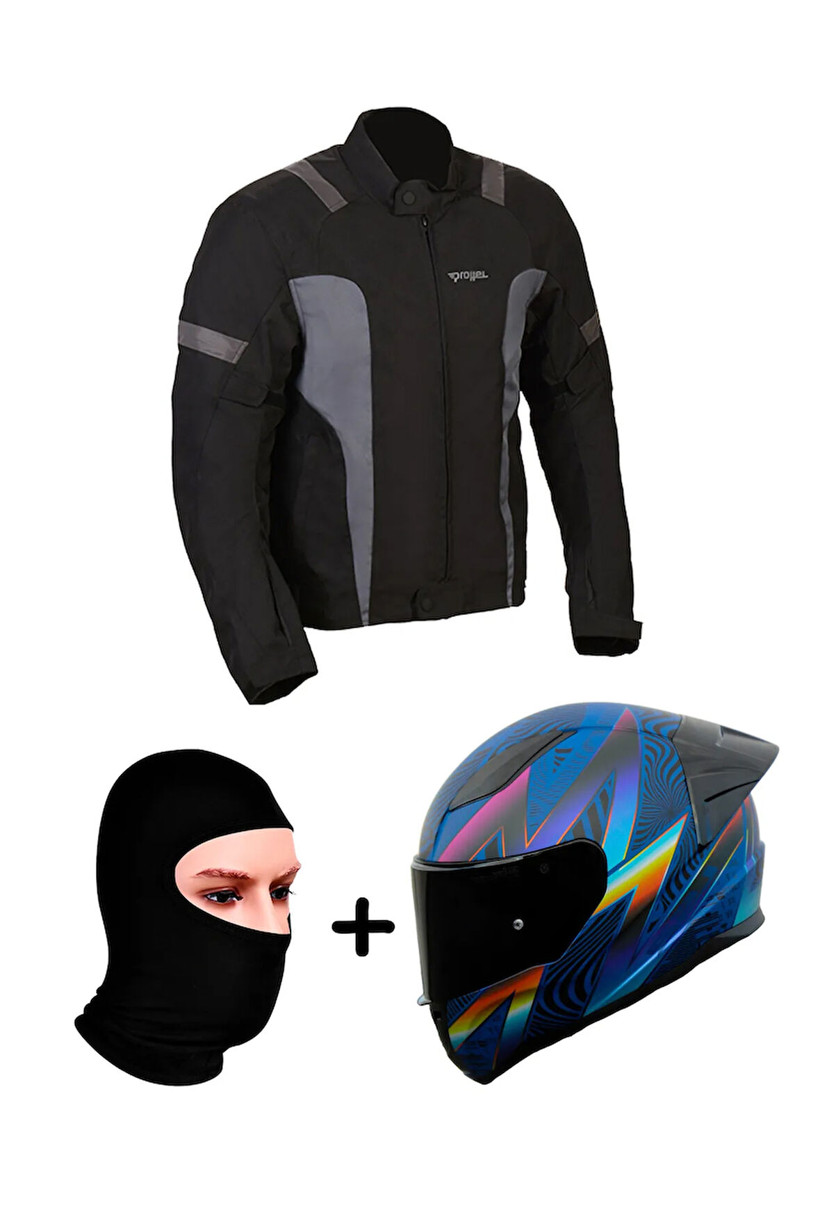 Prohel Gambıa Mont Siyah-Antrasit+RAPID 2 RACE OPTIK MAT MAVİ-MOR KASK+Prohel Balaklava Yazlık