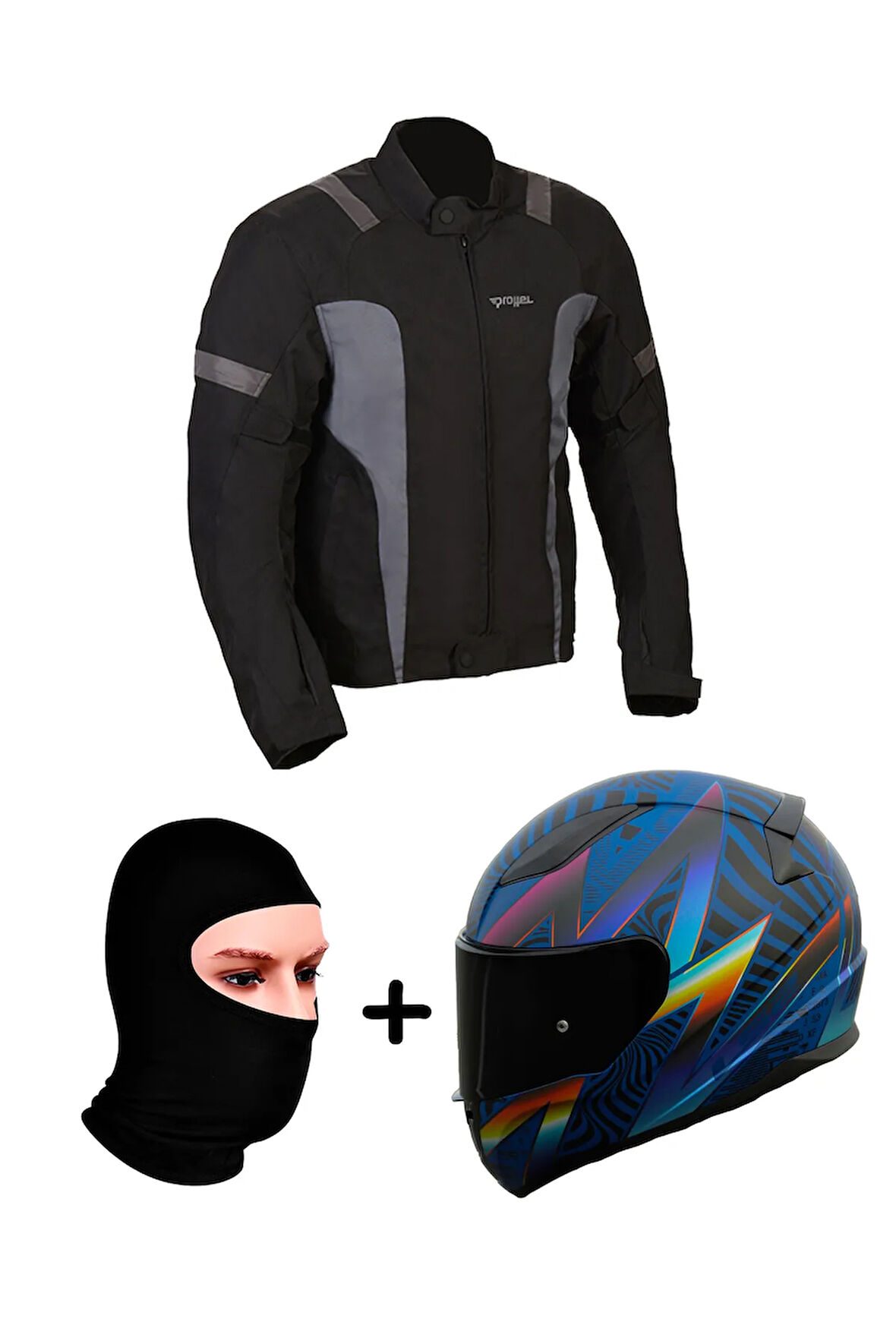 Prohel Gambıa Mont Siyah-Antrasit+RAPID 2 OPTIK MAT MAVİ-MOR KASK+Prohel Balaklava Yazlık