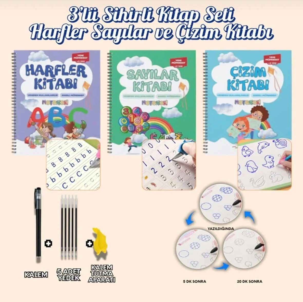 Motossori Harfleri/ Sayıları ve Çizmeyiöğreten Kabartmalı 3'lü Kitap Büyük Boy