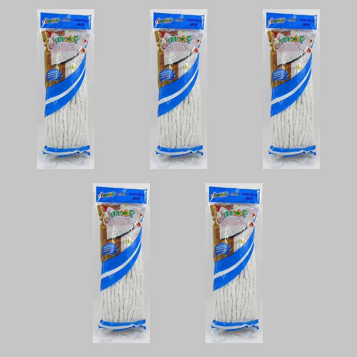 Elmop P02 Pamuklu Beyaz Islak Mop - Paspas Ucu - Vidalı Standart Yedek Mop Püskül - 5 Adet