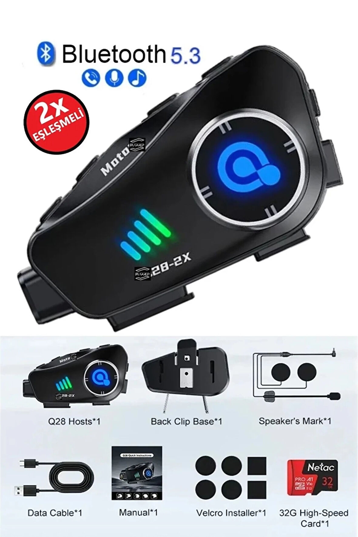 Q28 2X 2 Eşleşmeli Motosiklet Kask Bluetooth Kulaklık 1080P Kamera Su Geçirmez Intercom