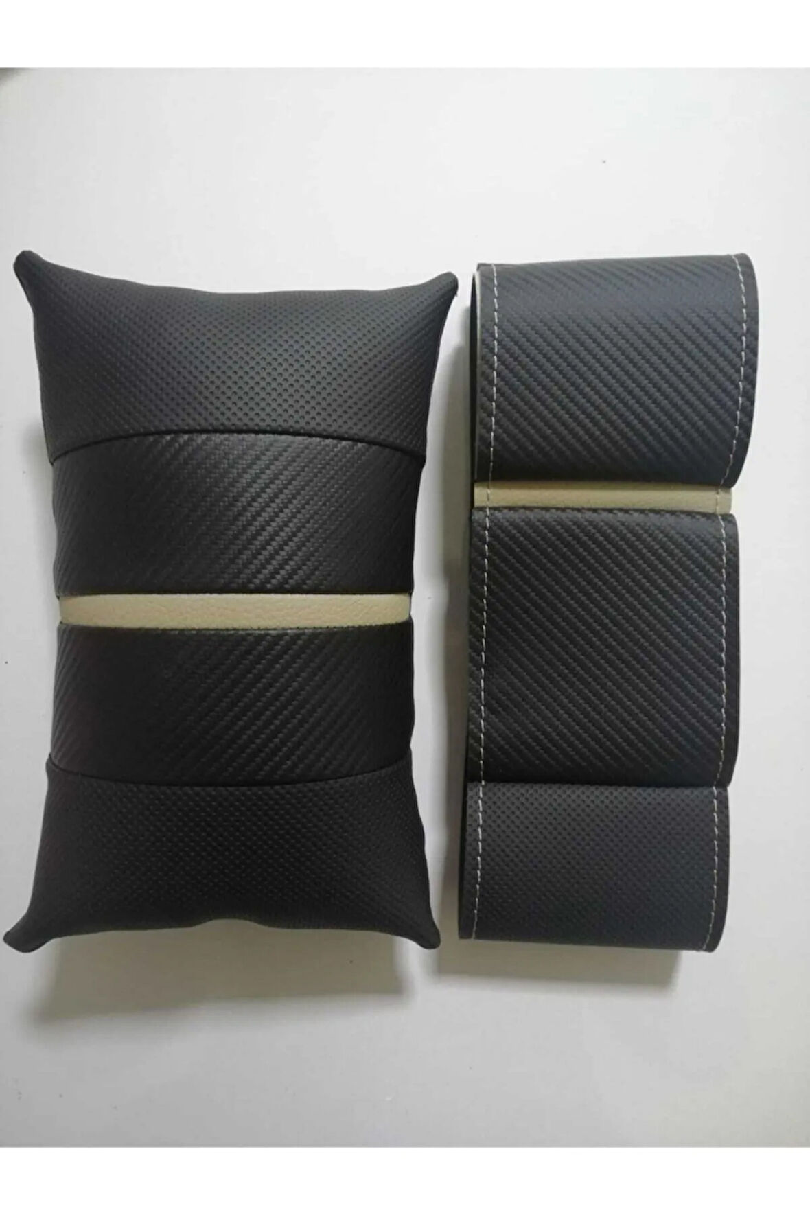 Bej Yüzüklü Karbon-noktalı Deri Direksiyon Kılıfı Ve Araç Araba Seyahat Oto Boyun Yastığı Seti