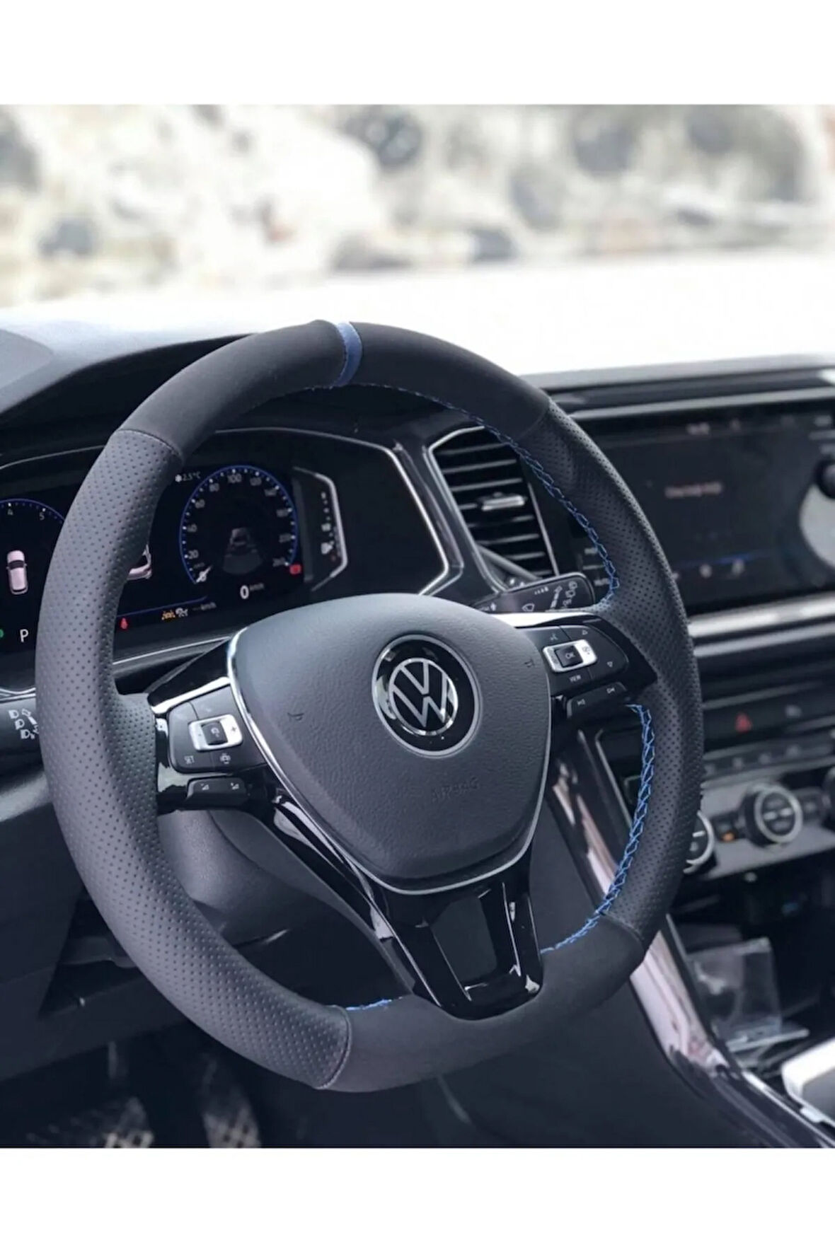 Volkswagen Jetta Araca Özel Mavi Yüzüklü Alcantara Noktalı Deri Orijinal Direksiyon Kaplama