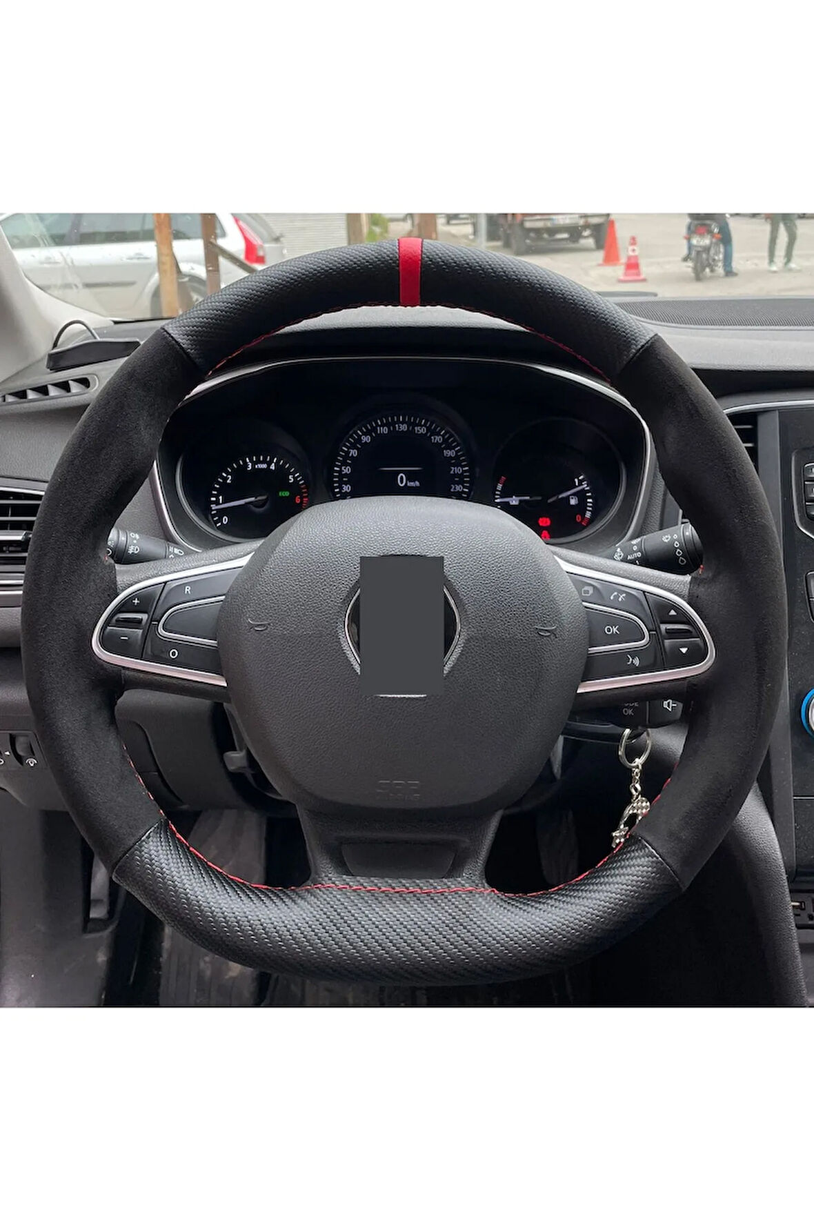 Renault Megane 1 Özel Kombin Süet Karbon Kırmızı Yüzüklü Dikmeli Deri Direksiyon Kılıfı